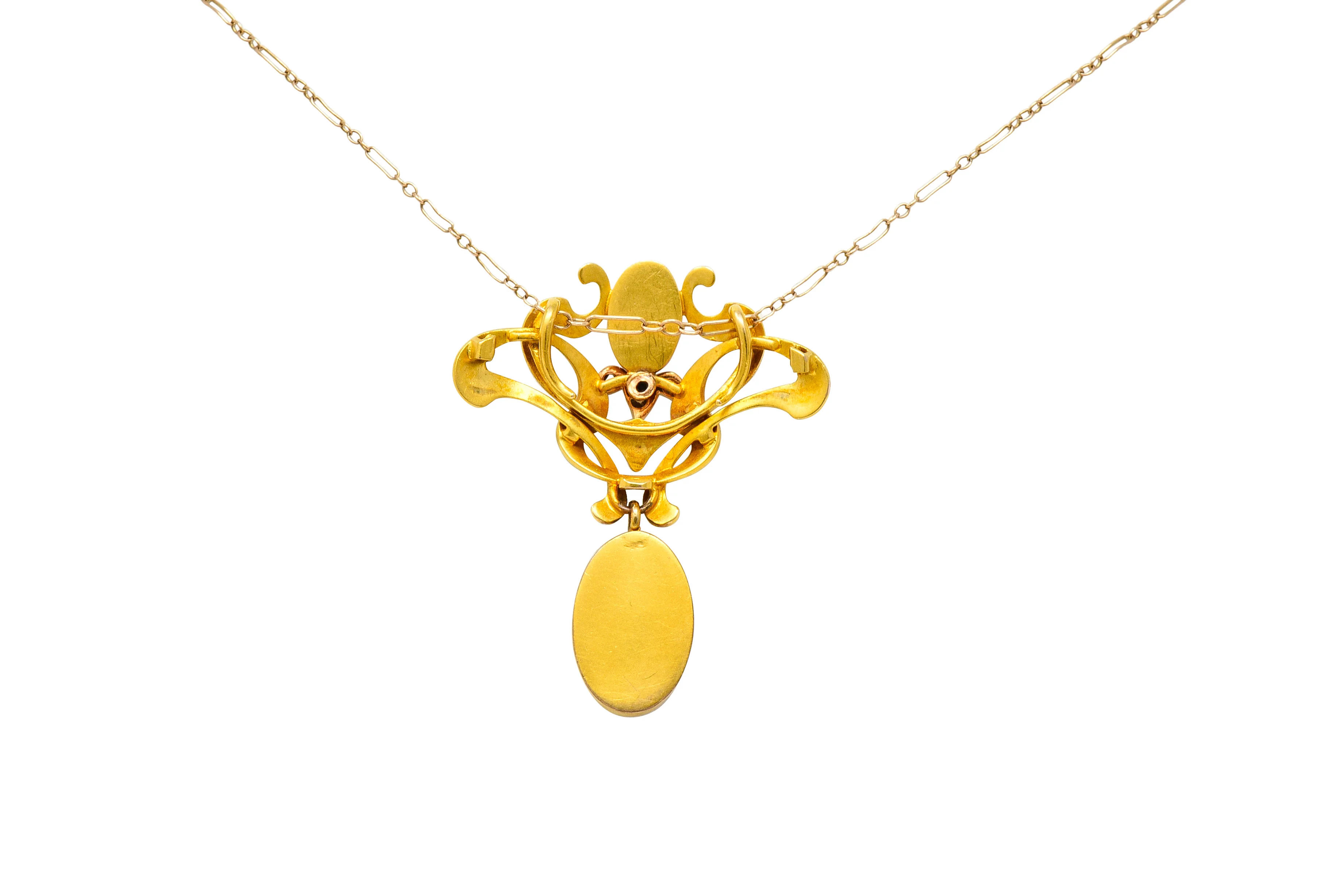 Art Nouveau Mexican Fire Opal Diamond 14 Karat Gold Whiplash Pendant Necklace - Image 5