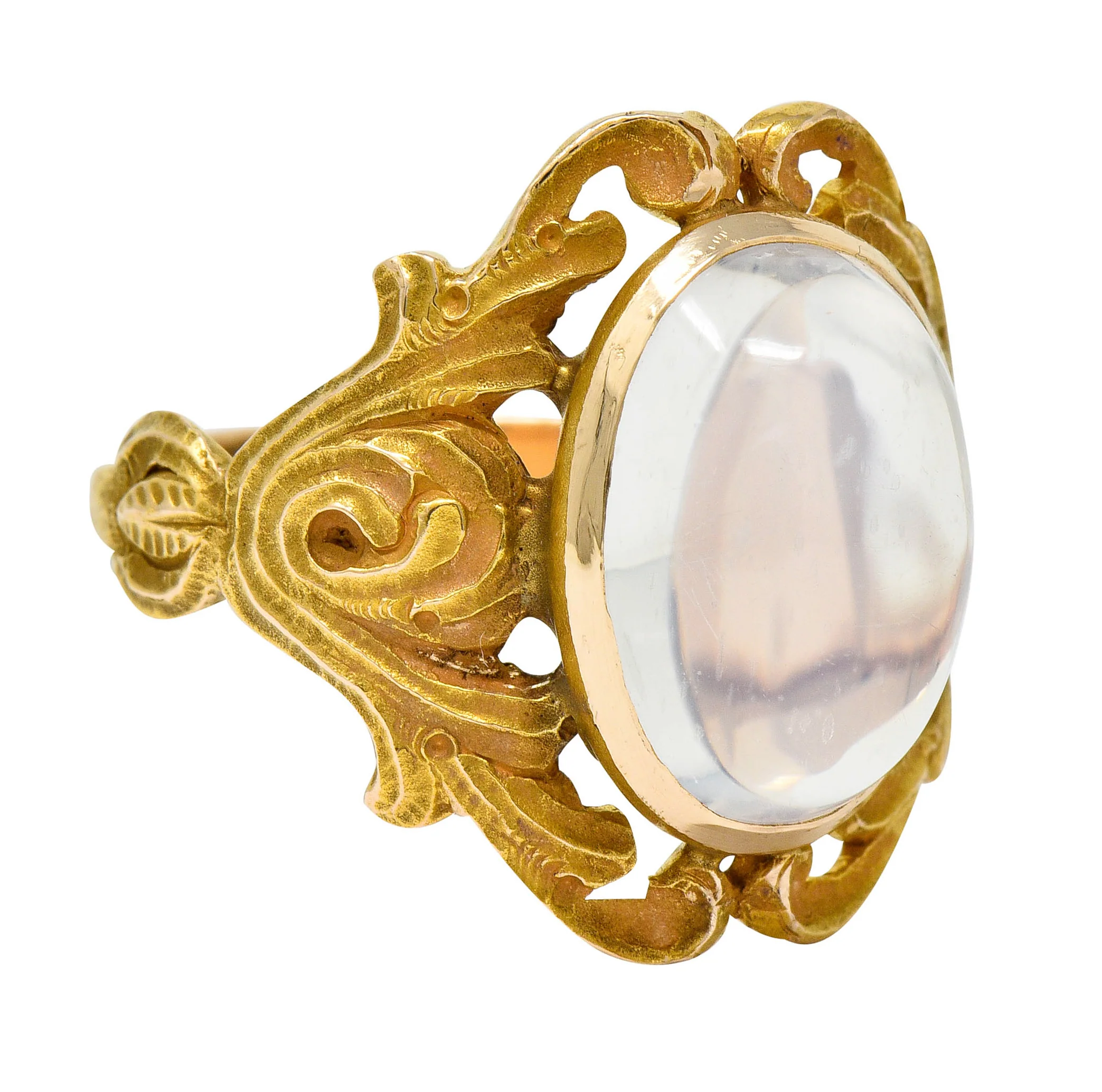 Art Nouveau Moonstone 14 Karat Gold Foliate Statement Ring - Image 2