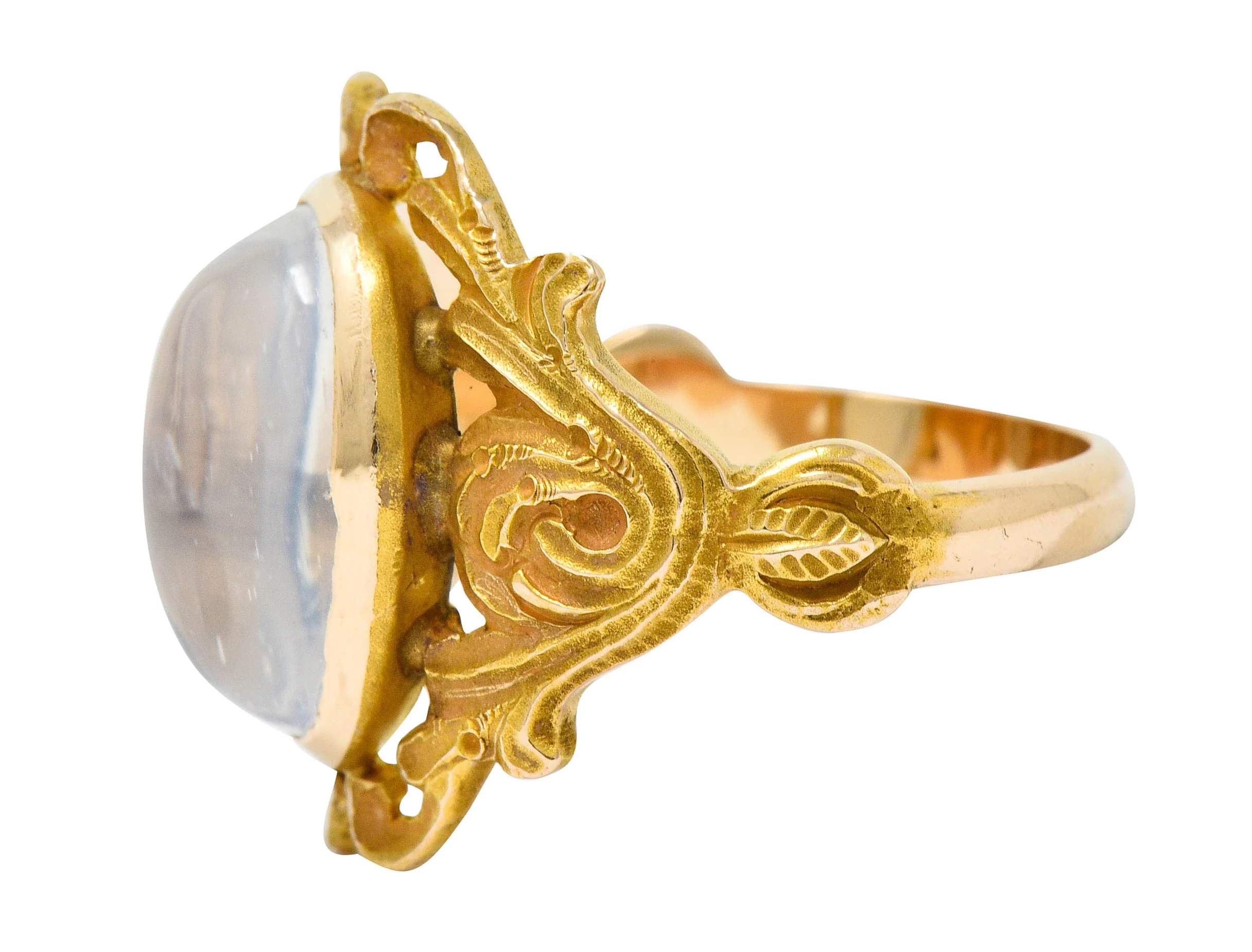 Art Nouveau Moonstone 14 Karat Gold Foliate Statement Ring - Image 5