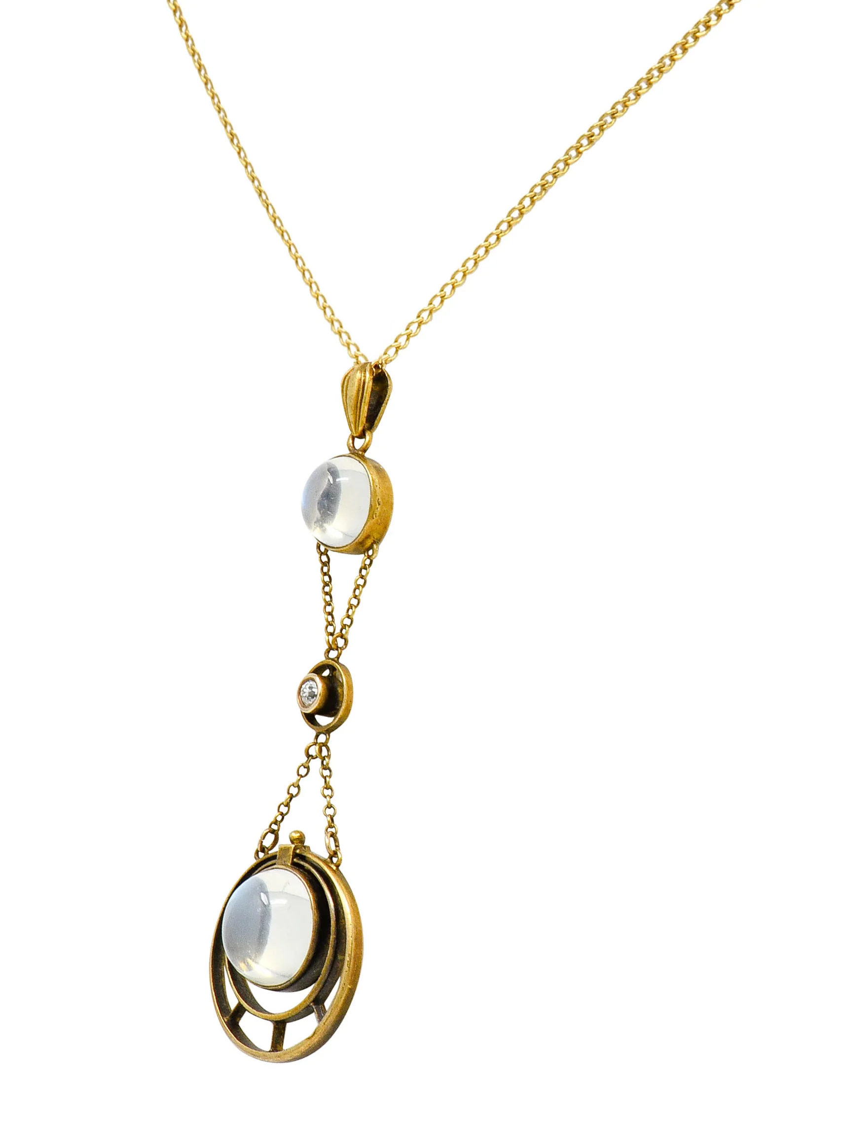 Art Nouveau Moonstone Diamond 14 Karat Gold Drop Swag Necklace - Image 3