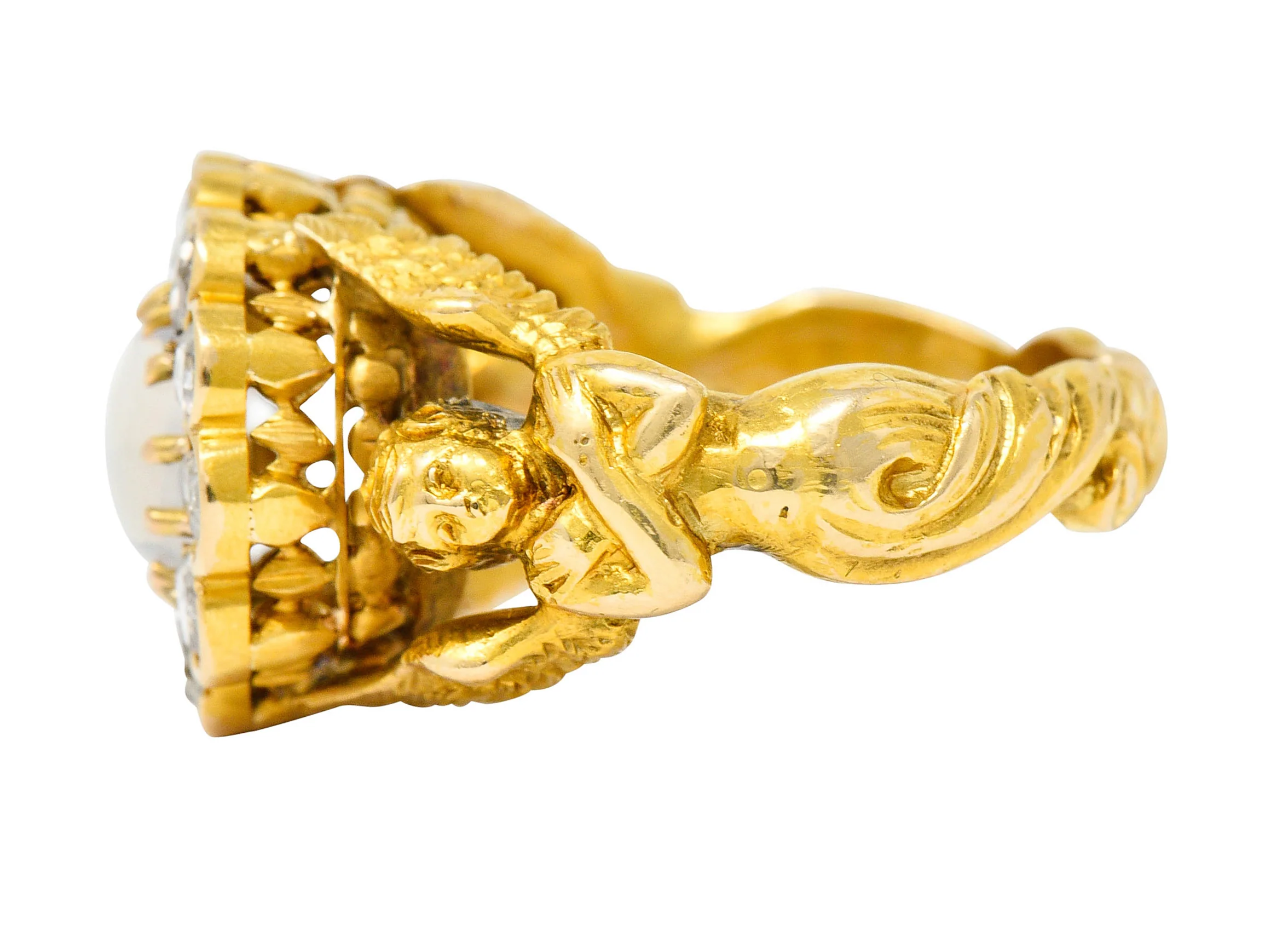 Art Nouveau Moonstone Diamond 18 Karat Gold Mythological Nike Victory Unisex Men’s Ring - Image 6