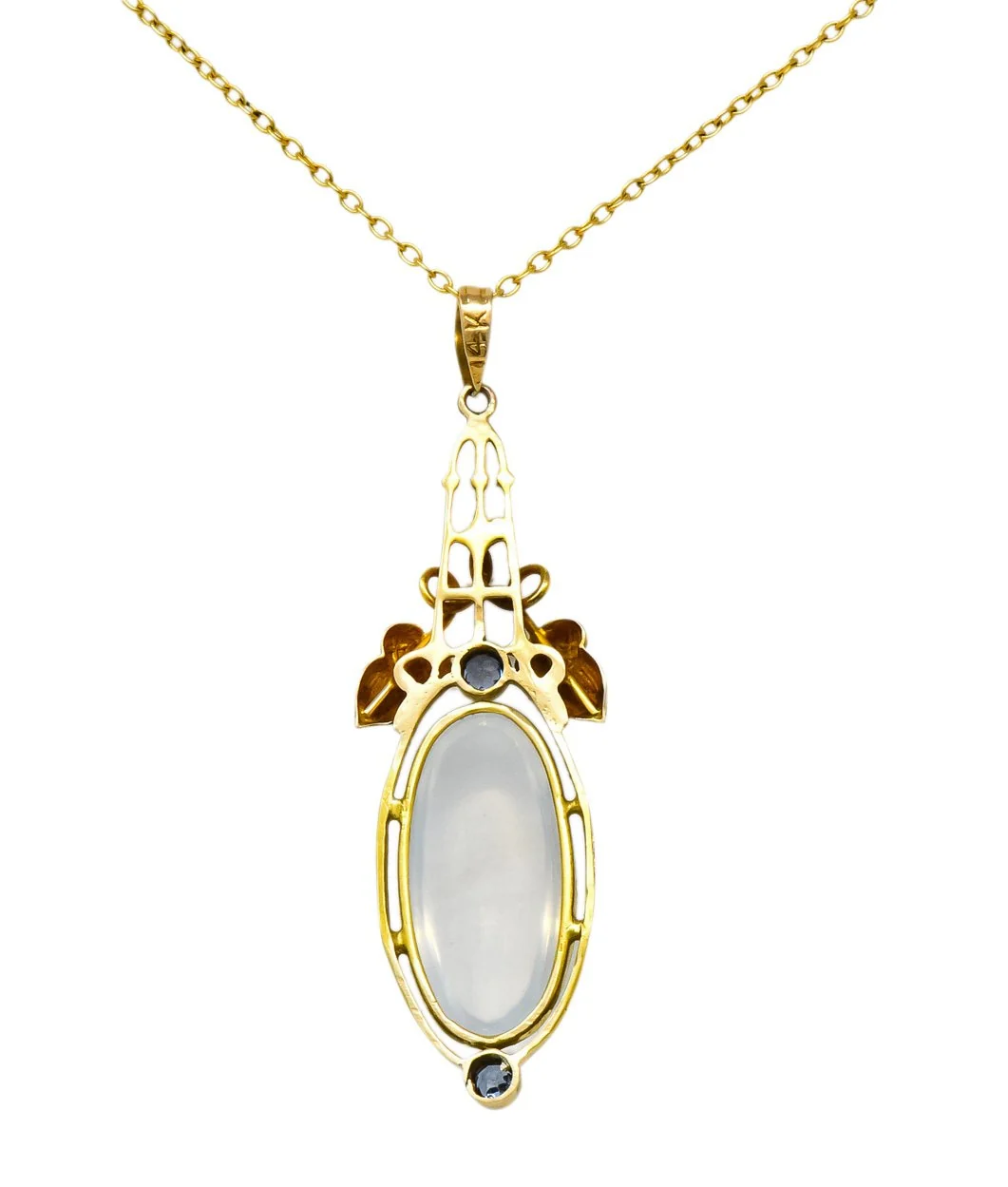 Art Nouveau Moonstone Sapphire 14 Karat Gold Acorn Accented Pendant - Image 3