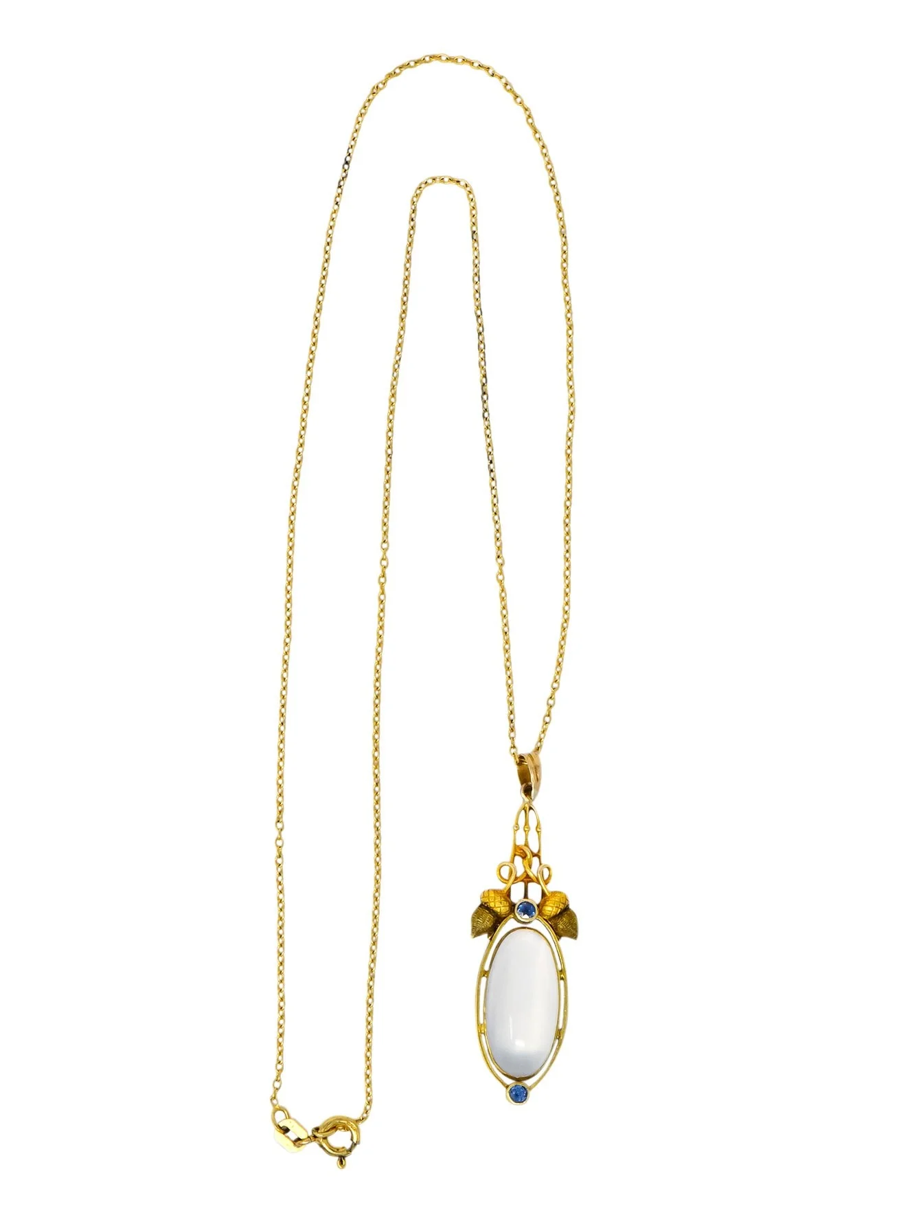 Art Nouveau Moonstone Sapphire 14 Karat Gold Acorn Accented Pendant - Image 6