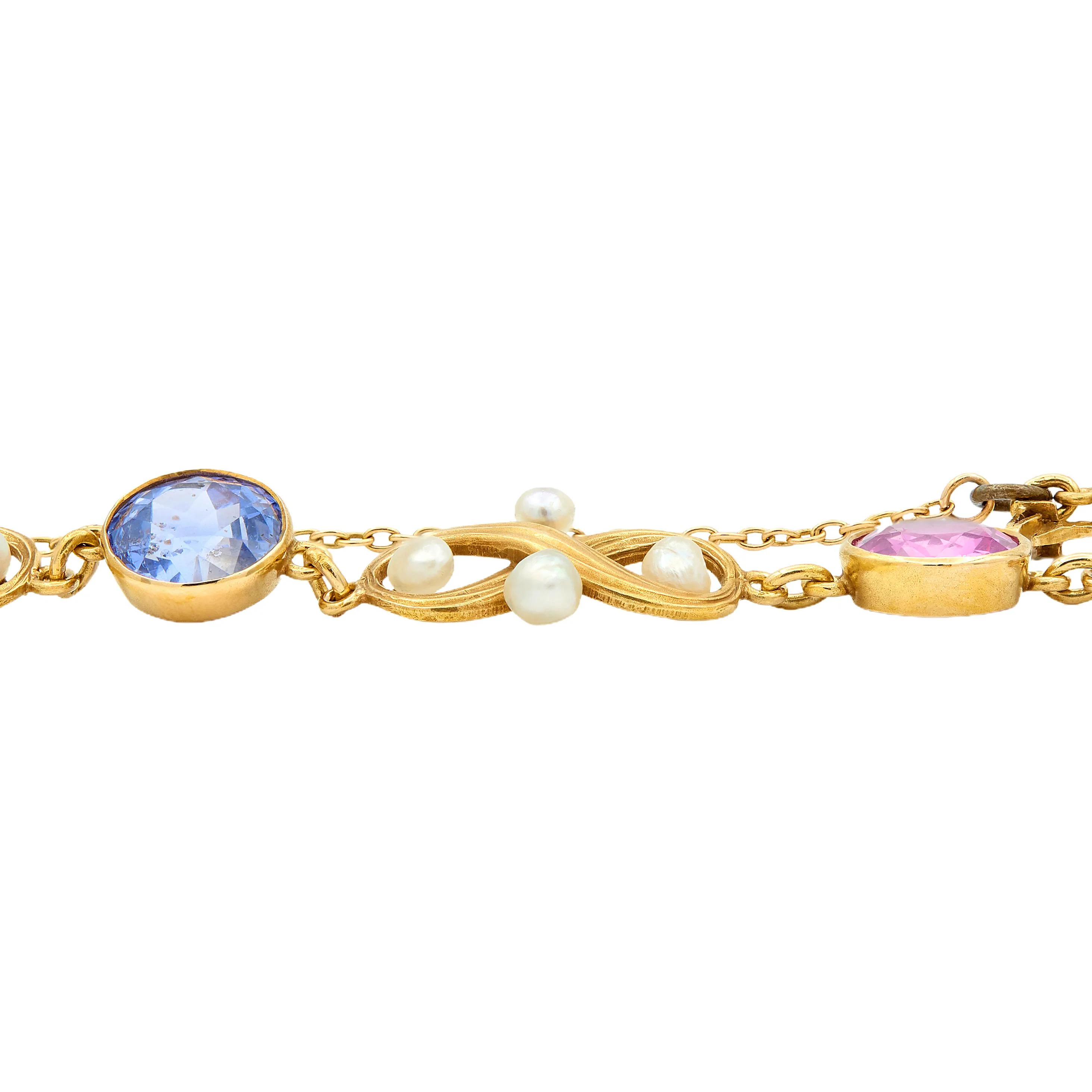 Art Nouveau Multi-Gem Sapphire Pearl 14 Karat Yellow Gold Antique Infinity Link Bracelet - Image 7