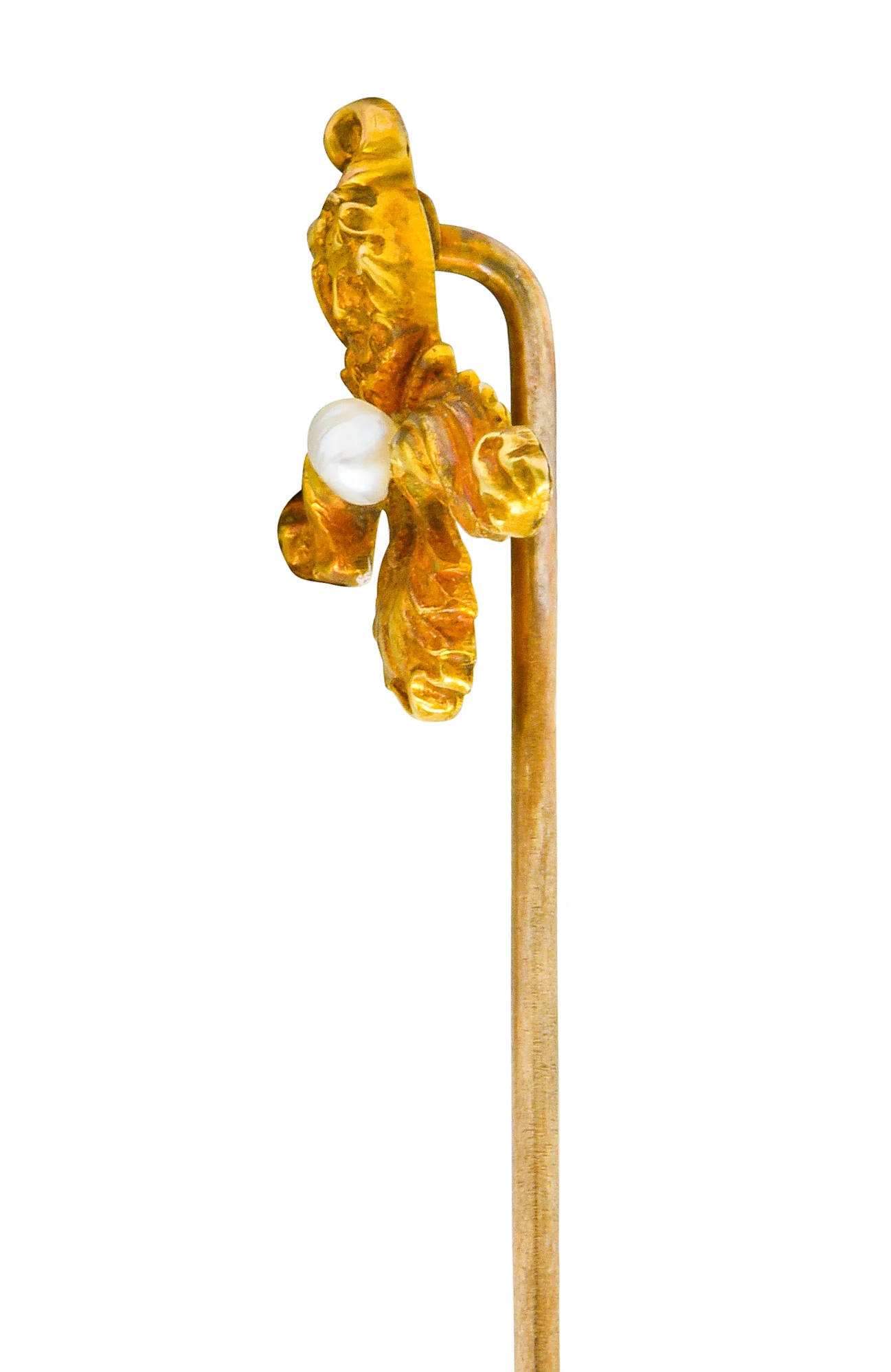 Art Nouveau Natural Freshwater Pearl 14 Karat Gold Scrolled Foliate Green Man Stickpin - Image 3