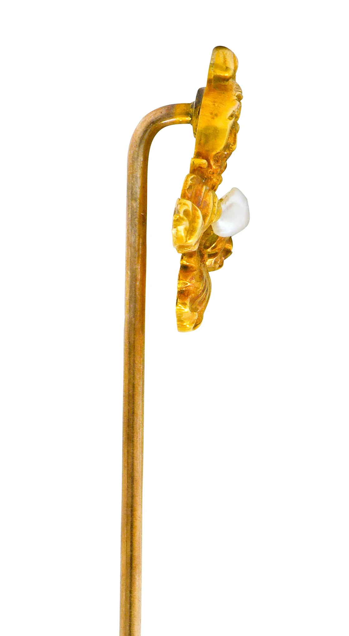 Art Nouveau Natural Freshwater Pearl 14 Karat Gold Scrolled Foliate Green Man Stickpin - Image 5