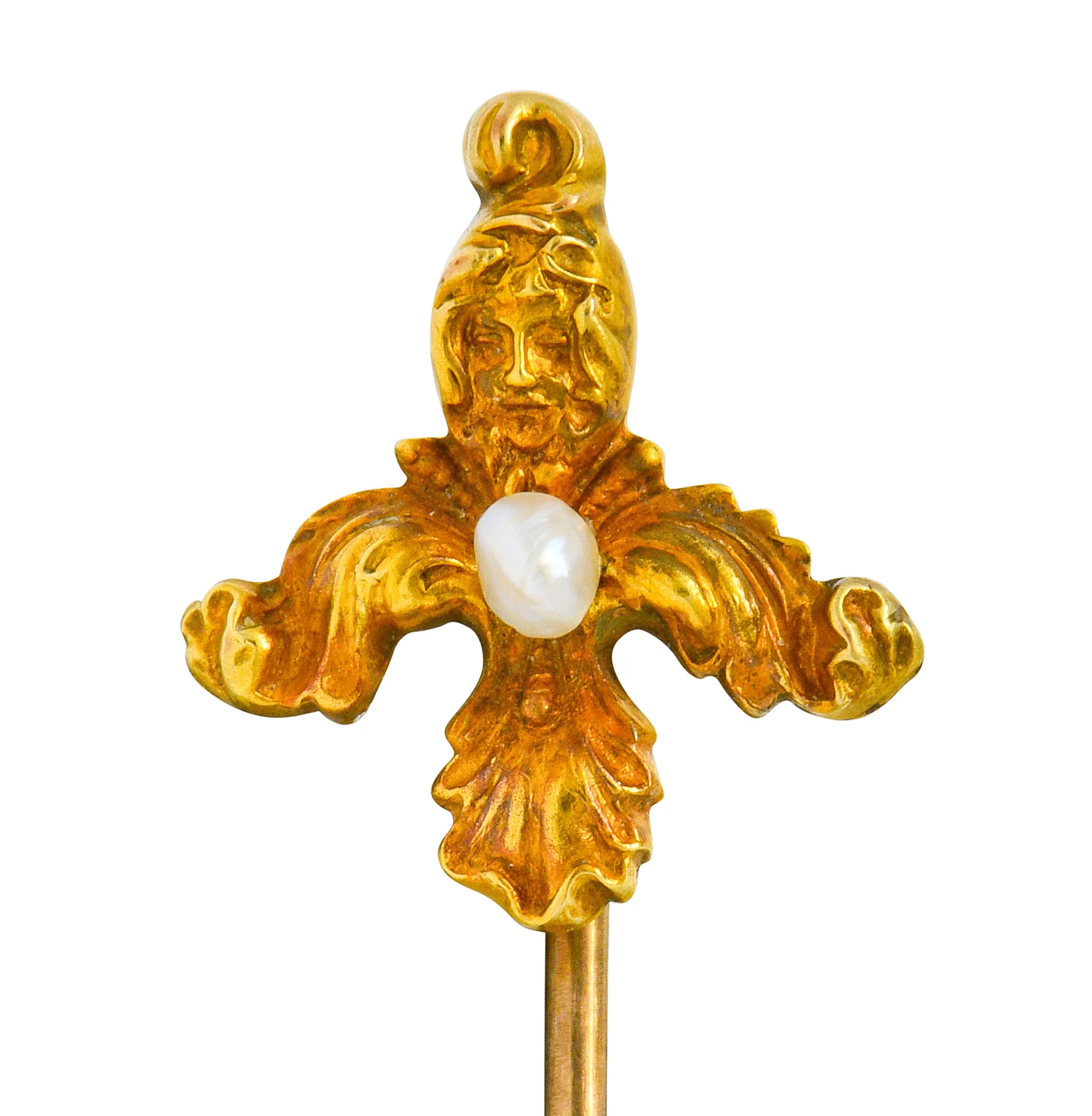 Art Nouveau Natural Freshwater Pearl 14 Karat Gold Scrolled Foliate Green Man Stickpin - Image 6