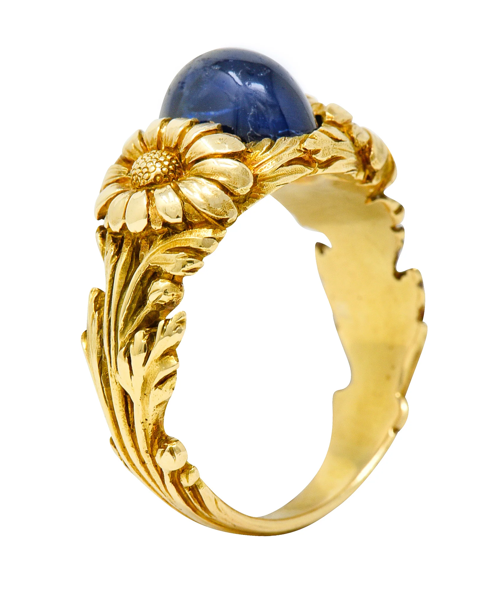 Art Nouveau No Heat Sapphire 18 Karat Gold Flower Ring AGL