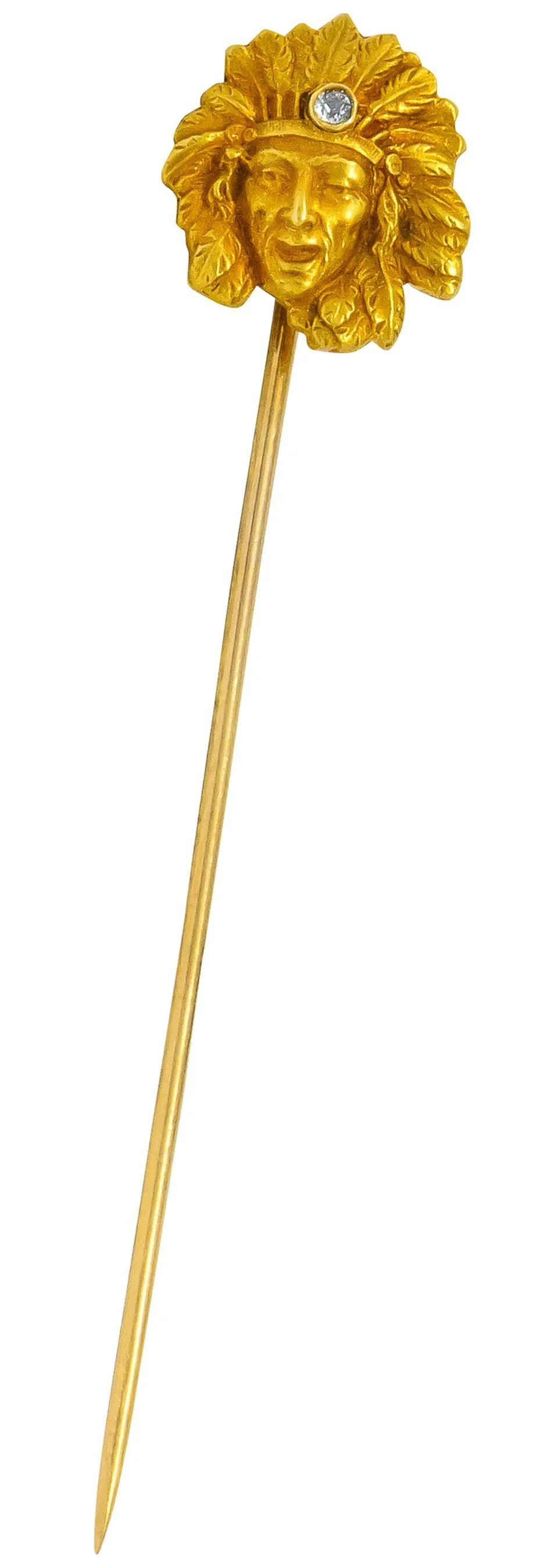 Art Nouveau Old European Cut Diamond 14 Karat Gold Native American Chief Stickpin - Image 5