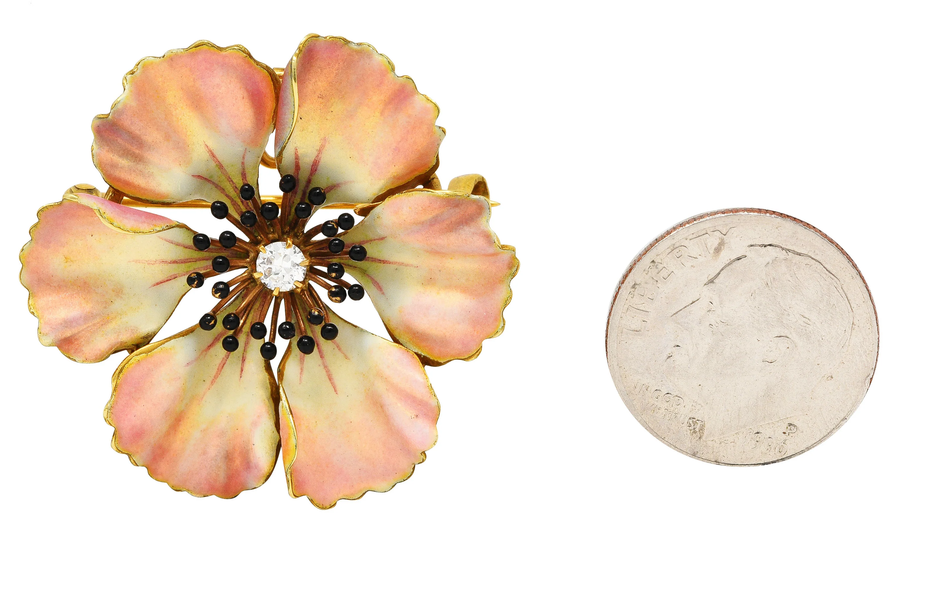 Art Nouveau Old European Cut Diamond Enamel 14 Karat Yellow Gold Poppy Pansy Antique Brooch - Image 10