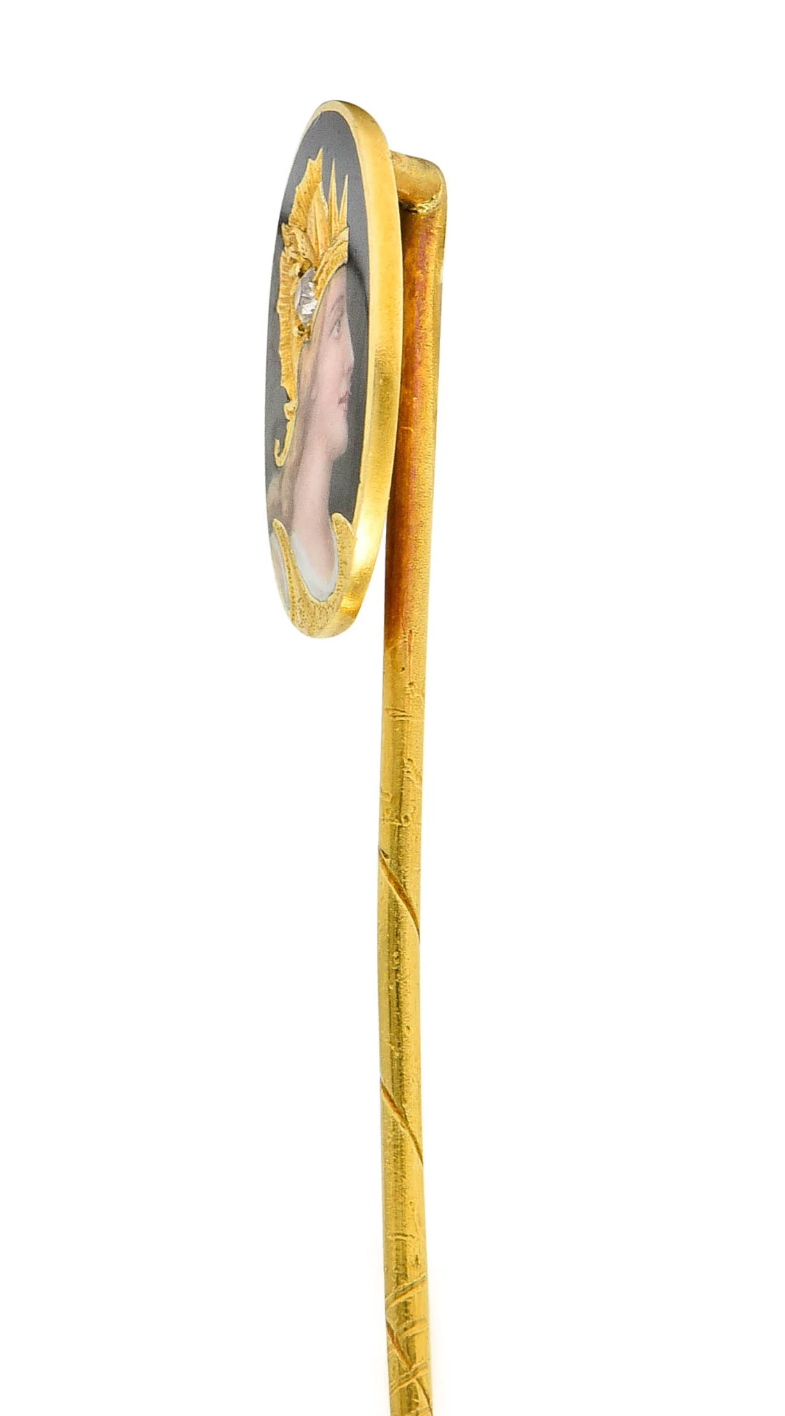 Art Nouveau Old Mine Diamond Enamel 18 Karat Gold Brunhilde Norse Stickpin - Image 3