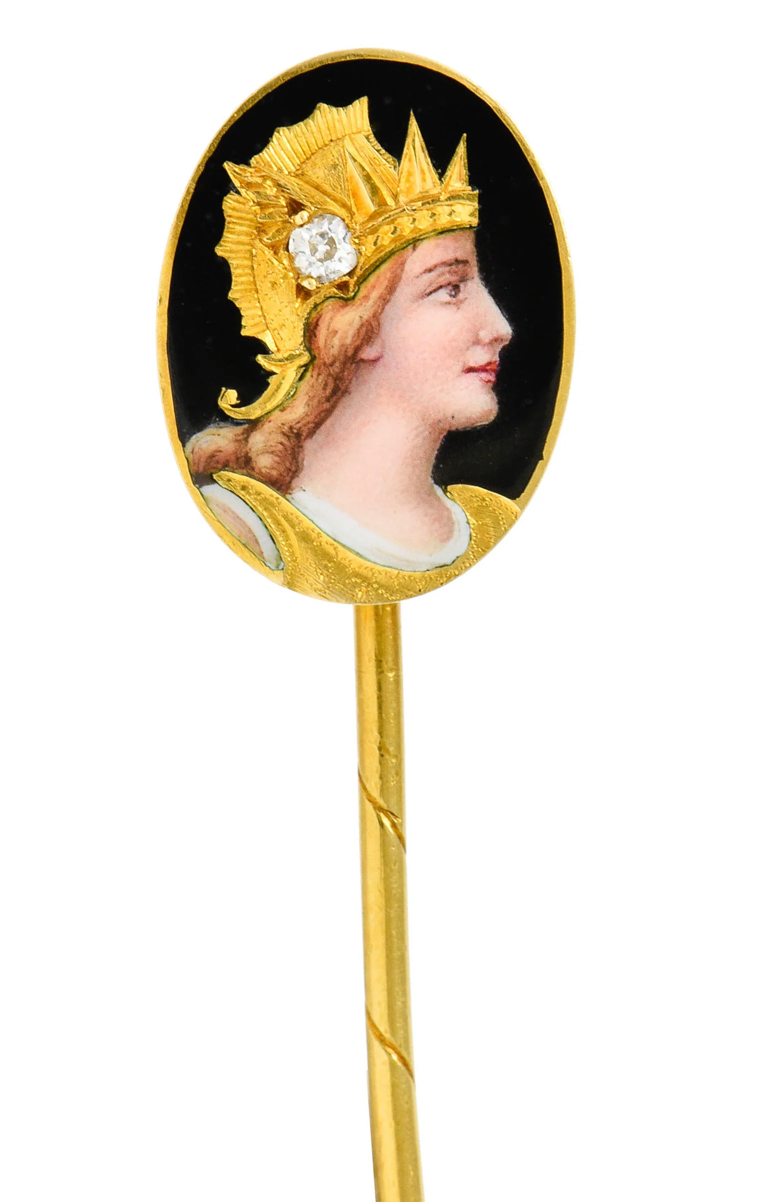 Art Nouveau Old Mine Diamond Enamel 18 Karat Gold Brunhilde Norse Stickpin - Image 6