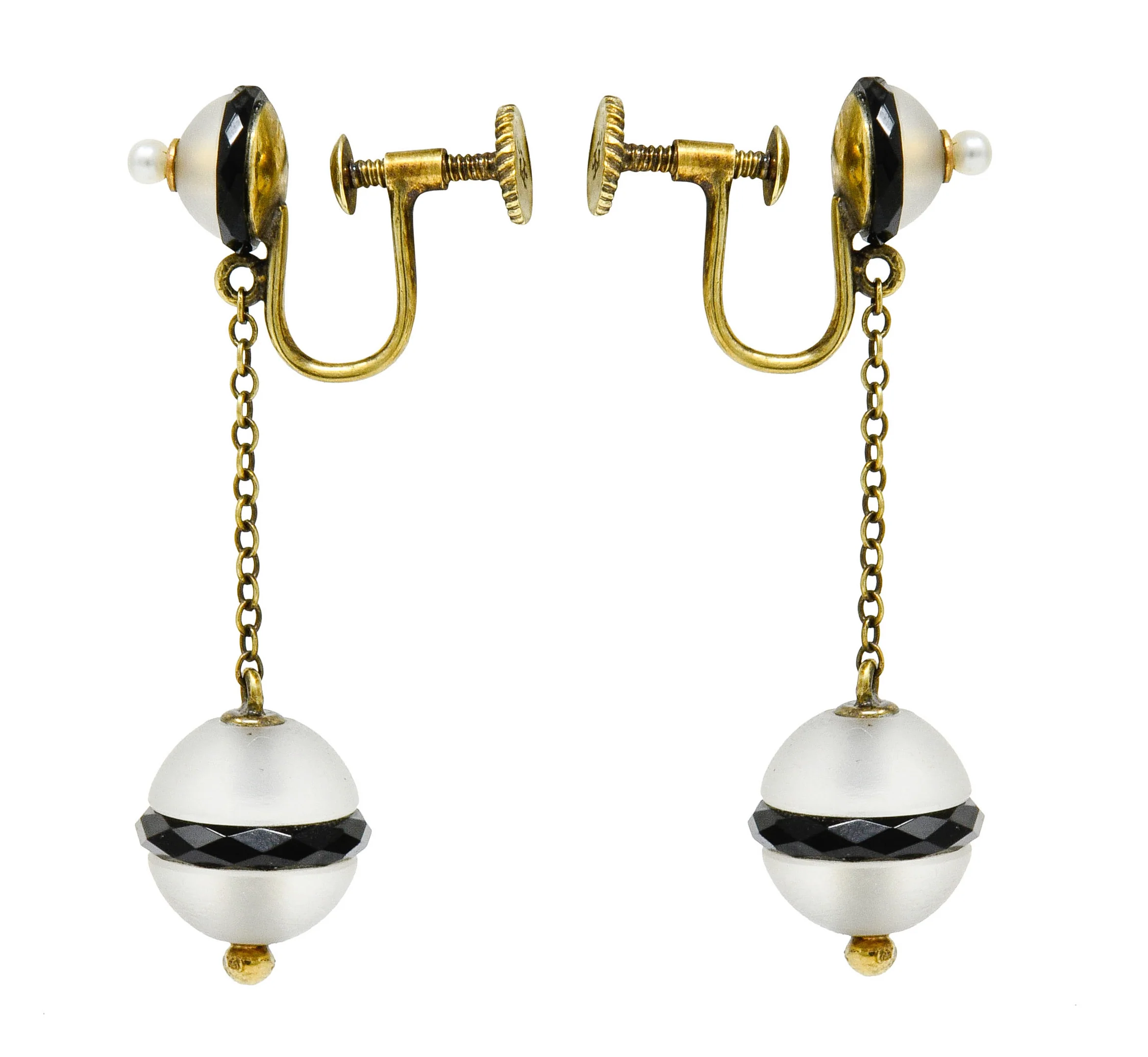 Art Nouveau Onyx Rock Crystal Pearl 14 Karat Gold Drop Earrings - Image 2
