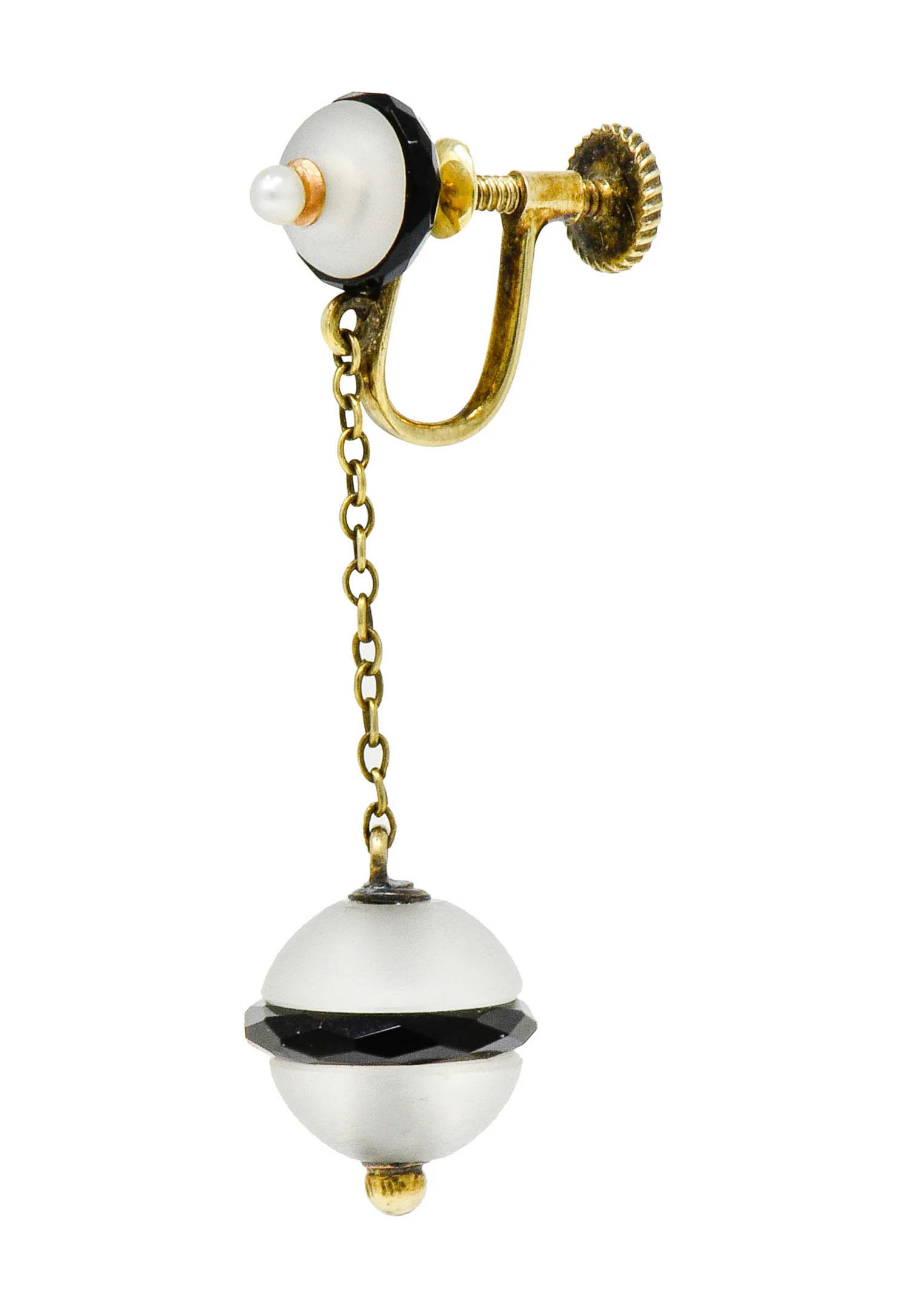 Art Nouveau Onyx Rock Crystal Pearl 14 Karat Gold Drop Earrings - Image 3