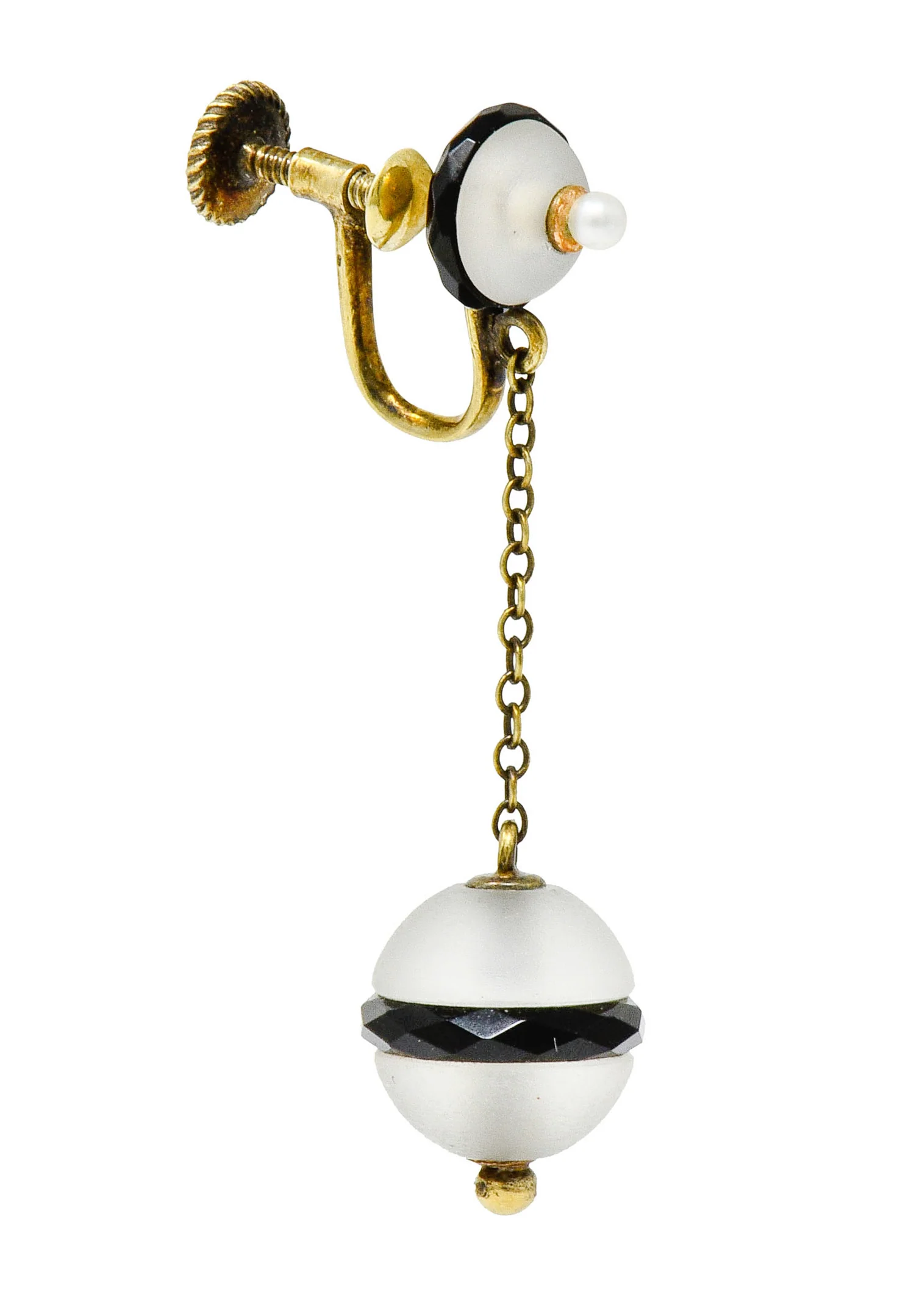 Art Nouveau Onyx Rock Crystal Pearl 14 Karat Gold Drop Earrings - Image 4