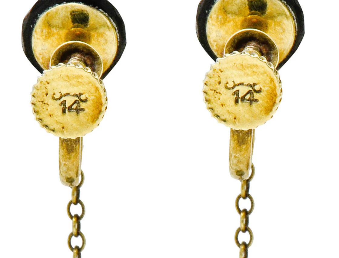 Art Nouveau Onyx Rock Crystal Pearl 14 Karat Gold Drop Earrings - Image 5