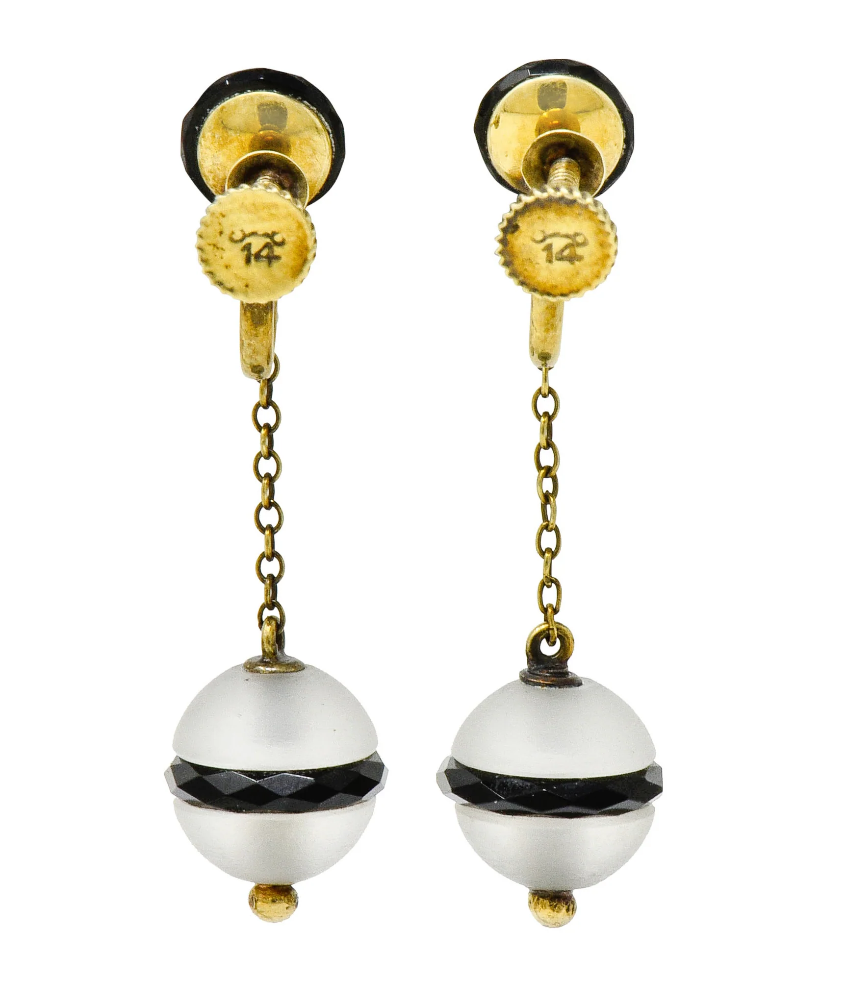 Art Nouveau Onyx Rock Crystal Pearl 14 Karat Gold Drop Earrings - Image 6