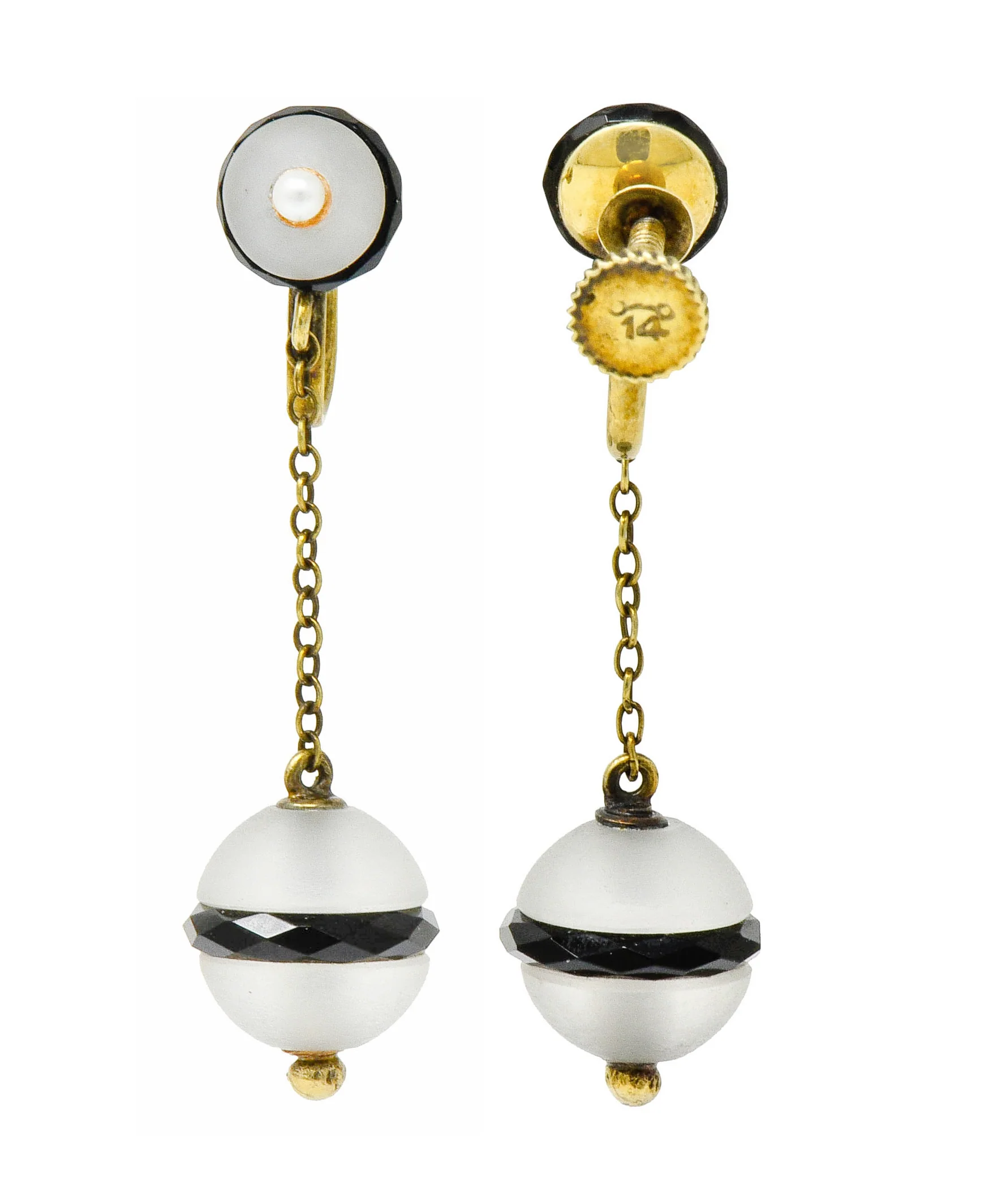 Art Nouveau Onyx Rock Crystal Pearl 14 Karat Gold Drop Earrings - Image 7