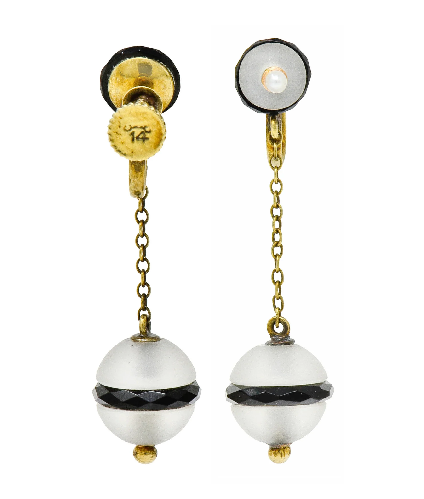 Art Nouveau Onyx Rock Crystal Pearl 14 Karat Gold Drop Earrings - Image 8