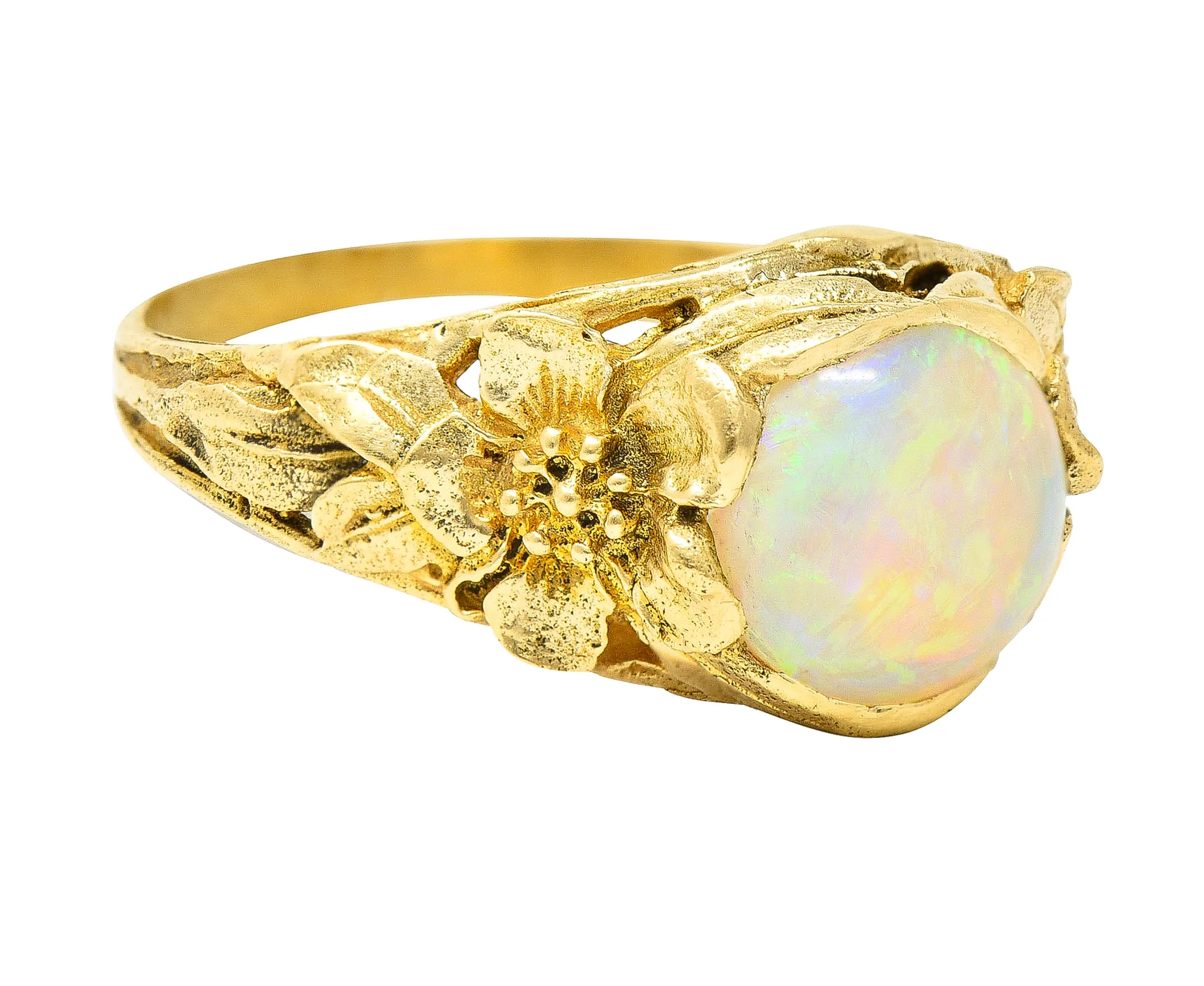 Art Nouveau Opal Cabochon 18 Karat Yellow Gold Forget-Me-Not Antique Ring - Image 2
