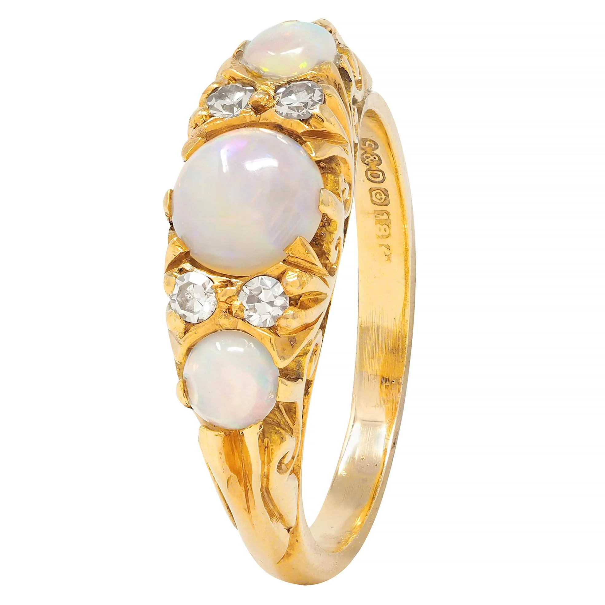 Art Nouveau Opal Diamond 18 Karat Yellow Gold Antique Scroll Band Ring - Image 7