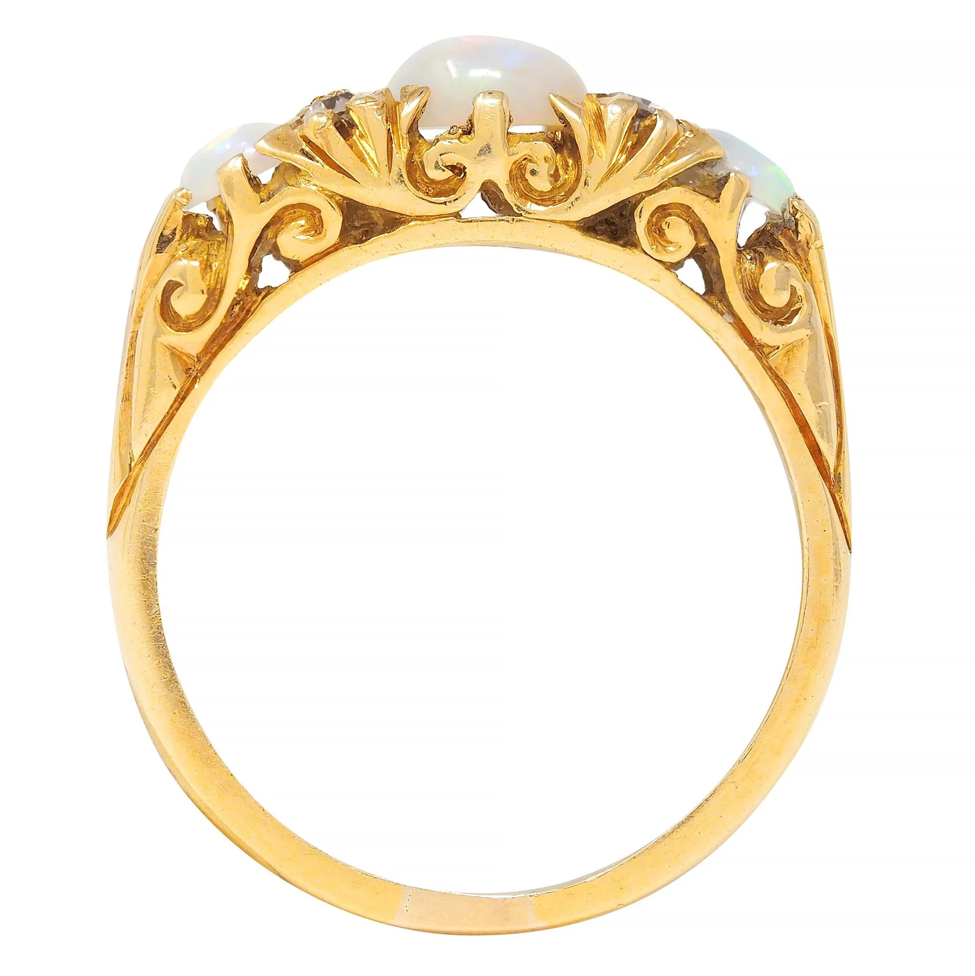 Art Nouveau Opal Diamond 18 Karat Yellow Gold Antique Scroll Band Ring - Image 9