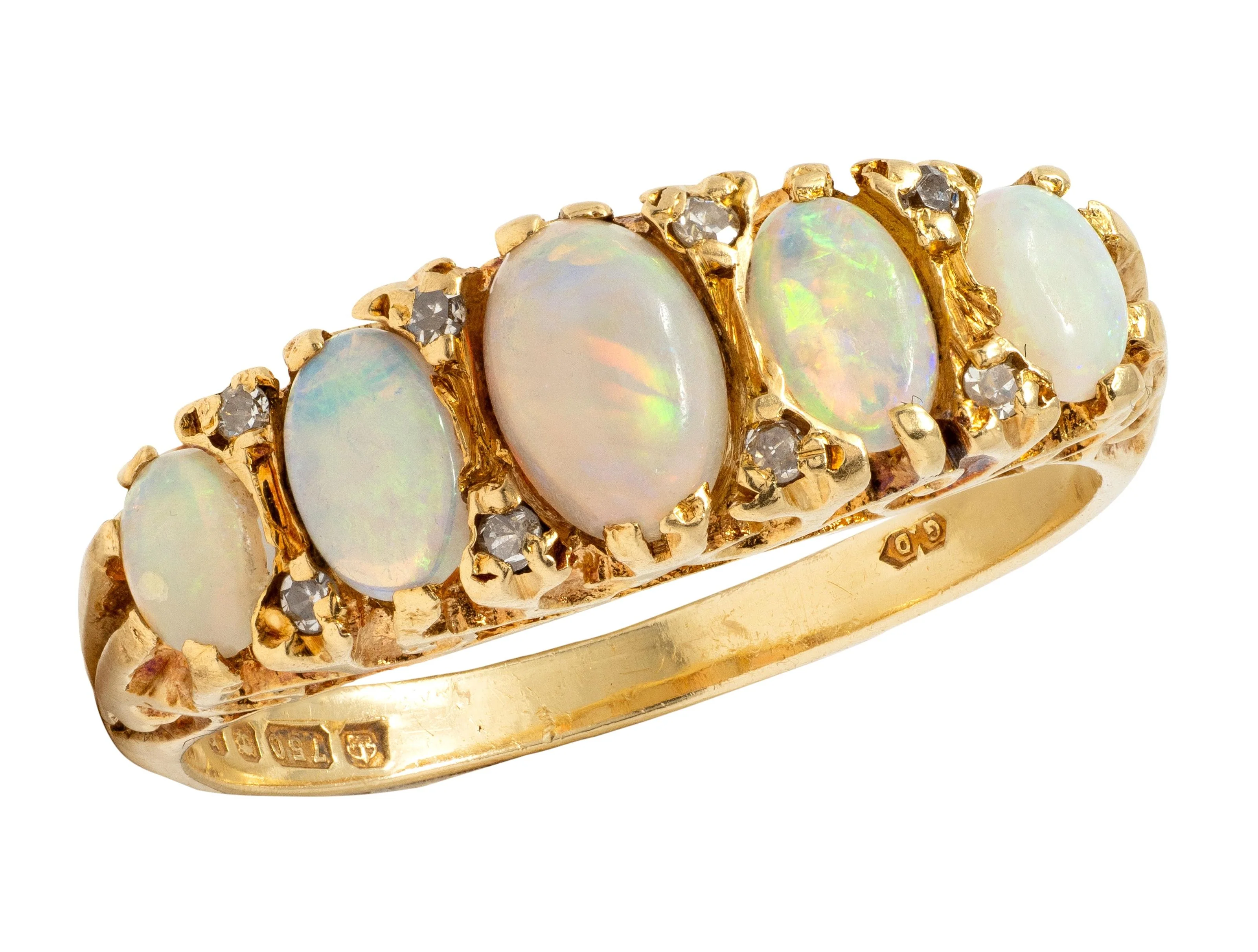Art Nouveau Opal Diamond 18 Karat Yellow Gold Scrolling Antique Band Ring - Image 10