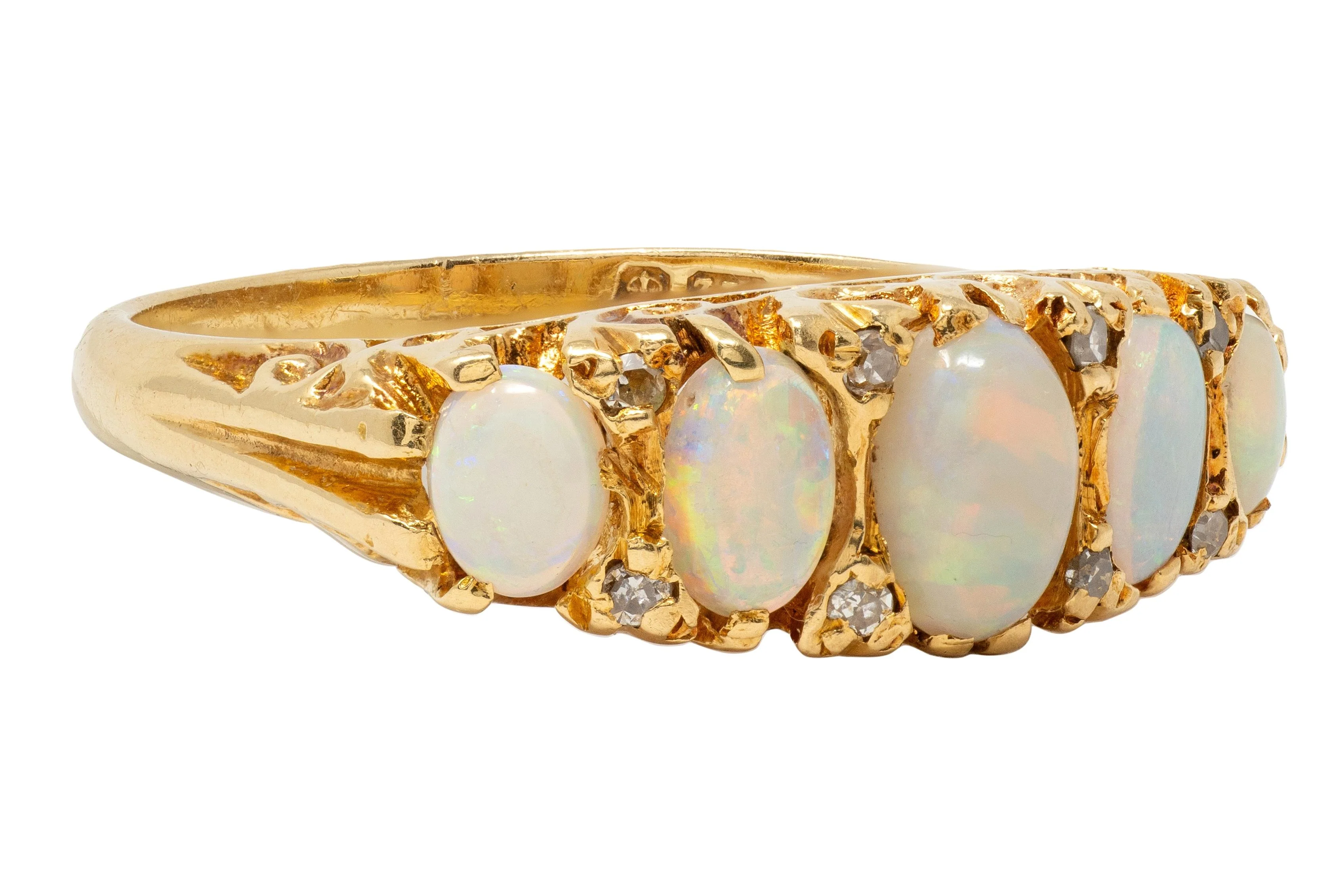 Art Nouveau Opal Diamond 18 Karat Yellow Gold Scrolling Antique Band Ring - Image 3