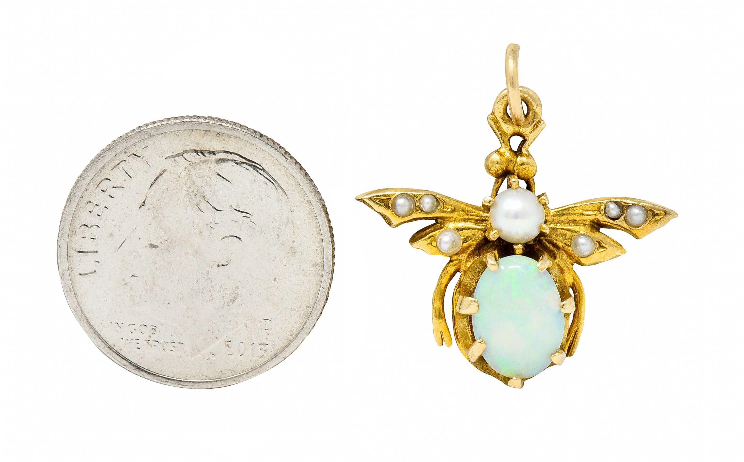 Art Nouveau Opal Pearl 14 Karat Gold Bee Insect Charm - Image 7