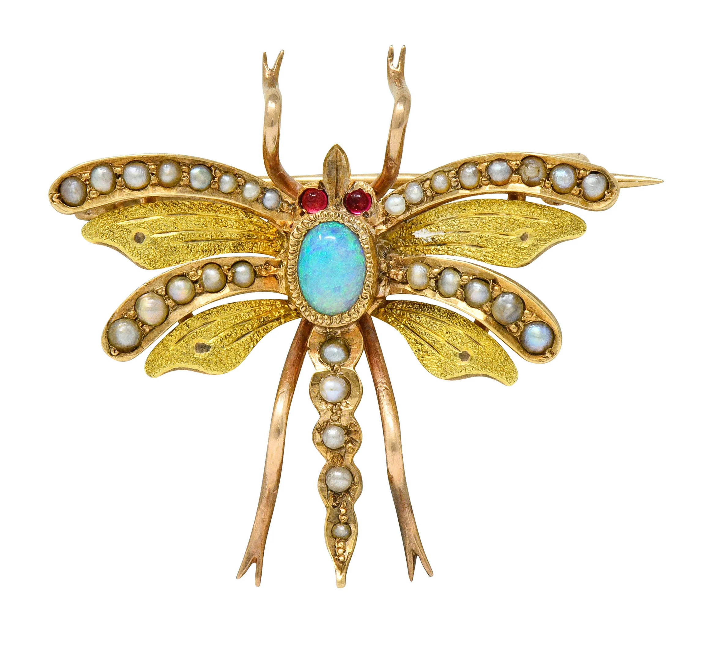 Art Nouveau Opal Pearl 14 Karat Two-Tone Gold Insect Pendant Brooch