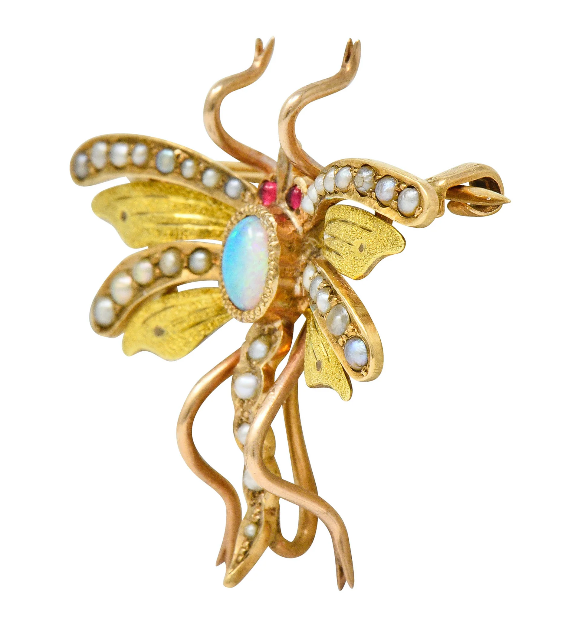 Art Nouveau Opal Pearl 14 Karat Two-Tone Gold Insect Pendant Brooch - Image 2