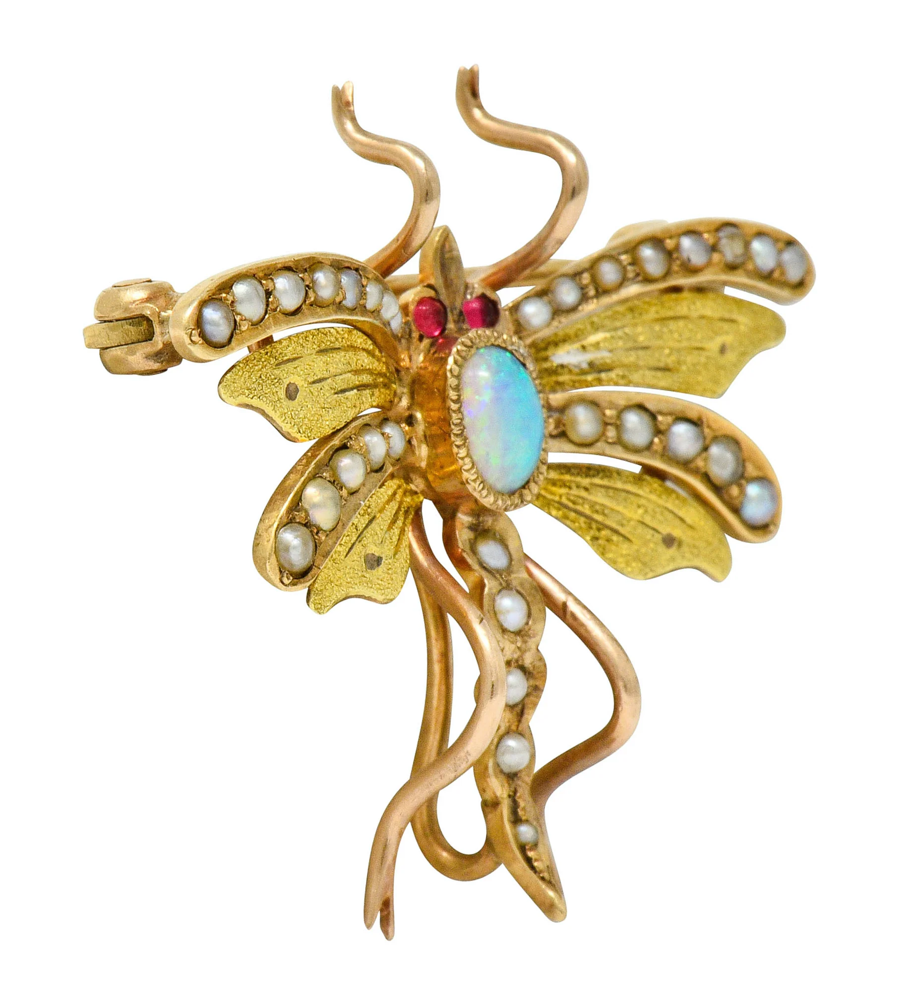 Art Nouveau Opal Pearl 14 Karat Two-Tone Gold Insect Pendant Brooch - Image 3