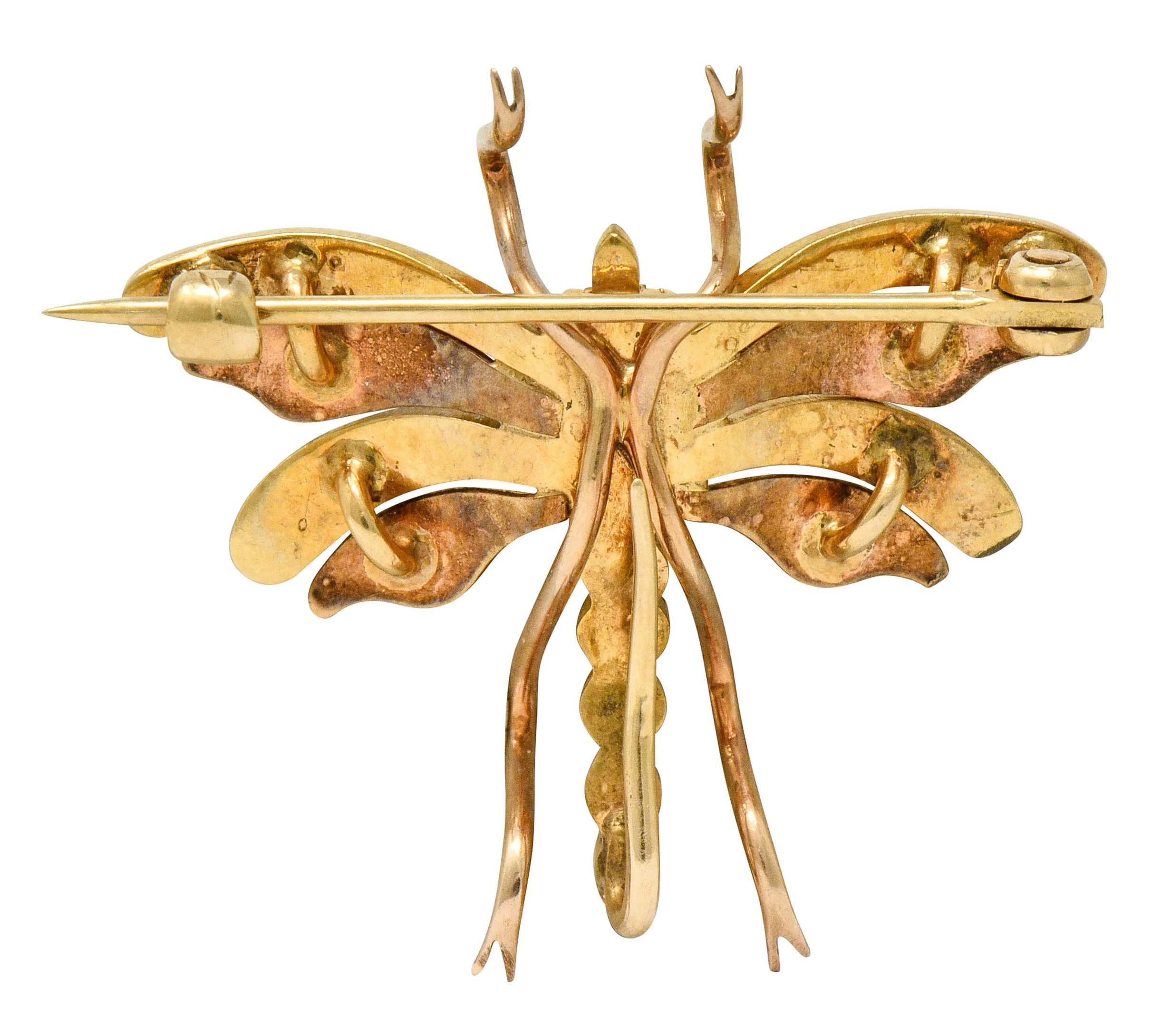 Art Nouveau Opal Pearl 14 Karat Two-Tone Gold Insect Pendant Brooch - Image 4