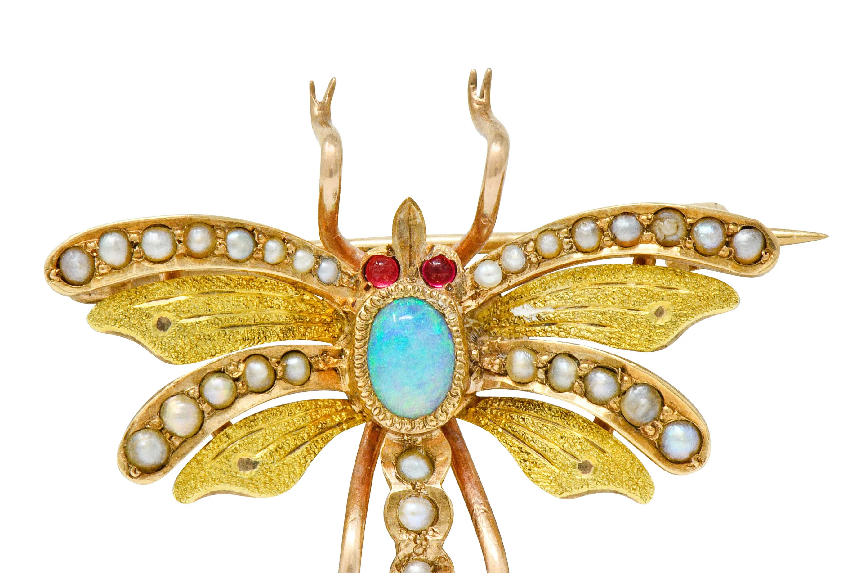 Art Nouveau Opal Pearl 14 Karat Two-Tone Gold Insect Pendant Brooch - Image 5