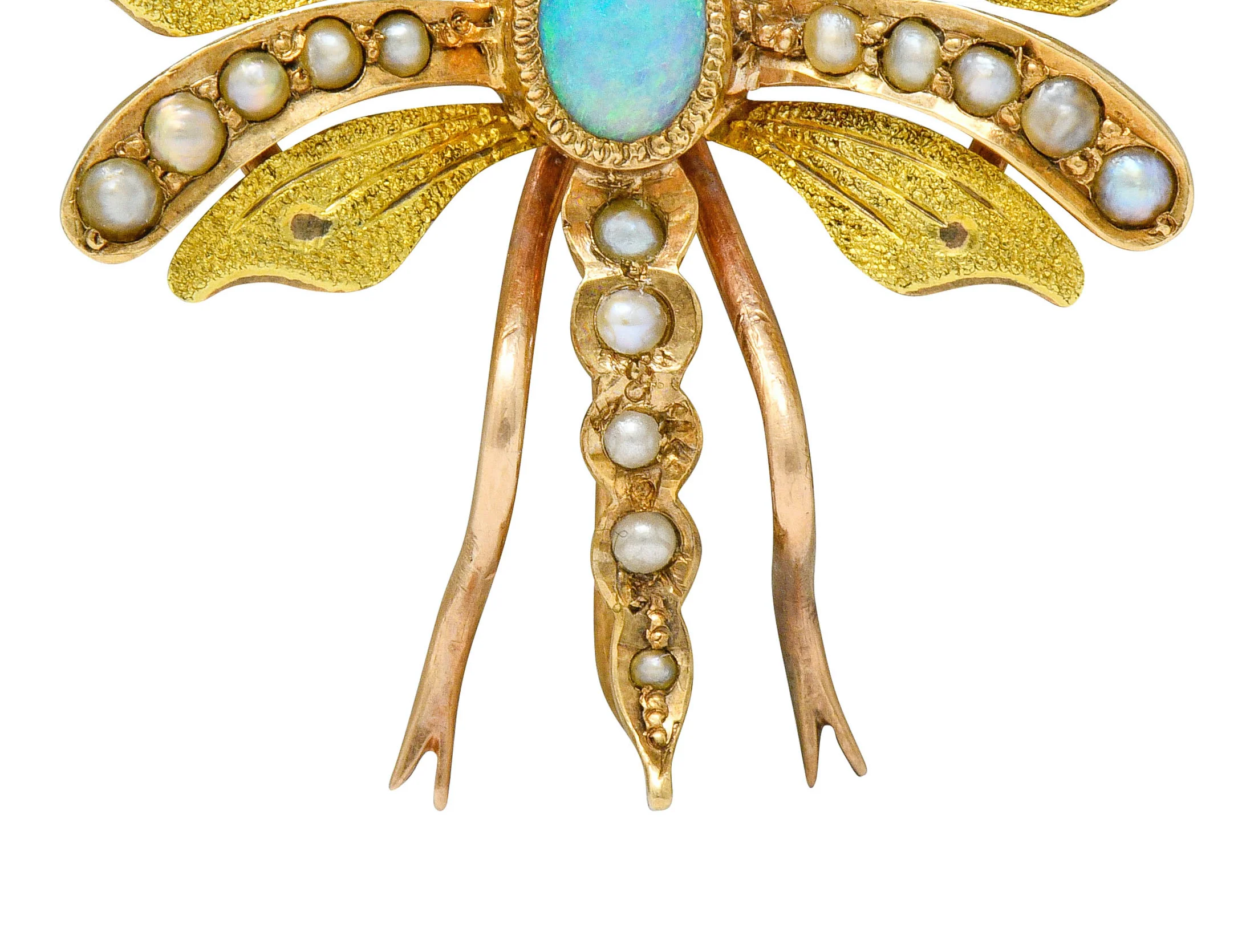 Art Nouveau Opal Pearl 14 Karat Two-Tone Gold Insect Pendant Brooch - Image 6