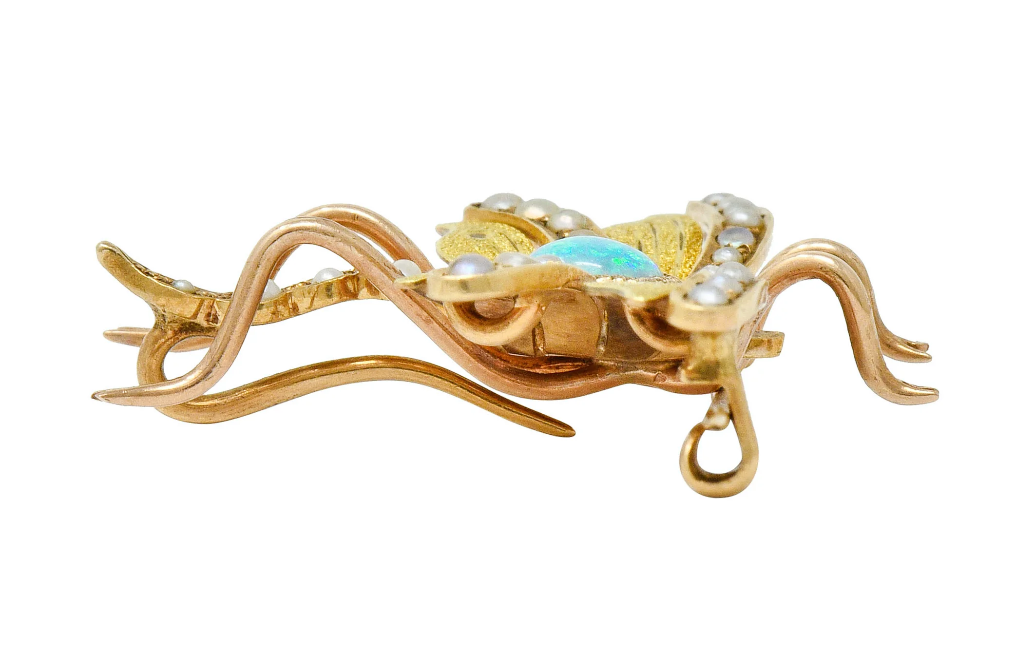 Art Nouveau Opal Pearl 14 Karat Two-Tone Gold Insect Pendant Brooch - Image 7