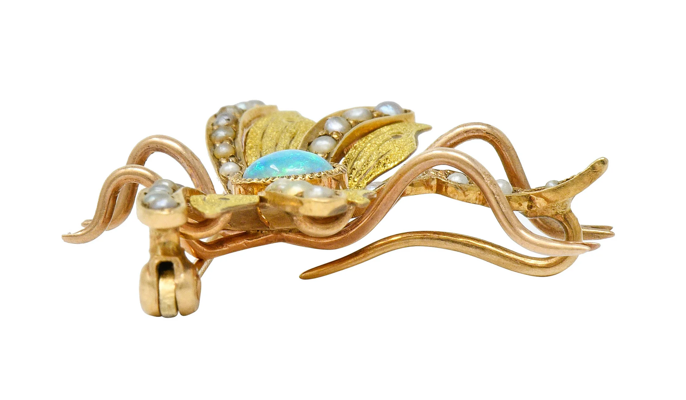 Art Nouveau Opal Pearl 14 Karat Two-Tone Gold Insect Pendant Brooch - Image 8