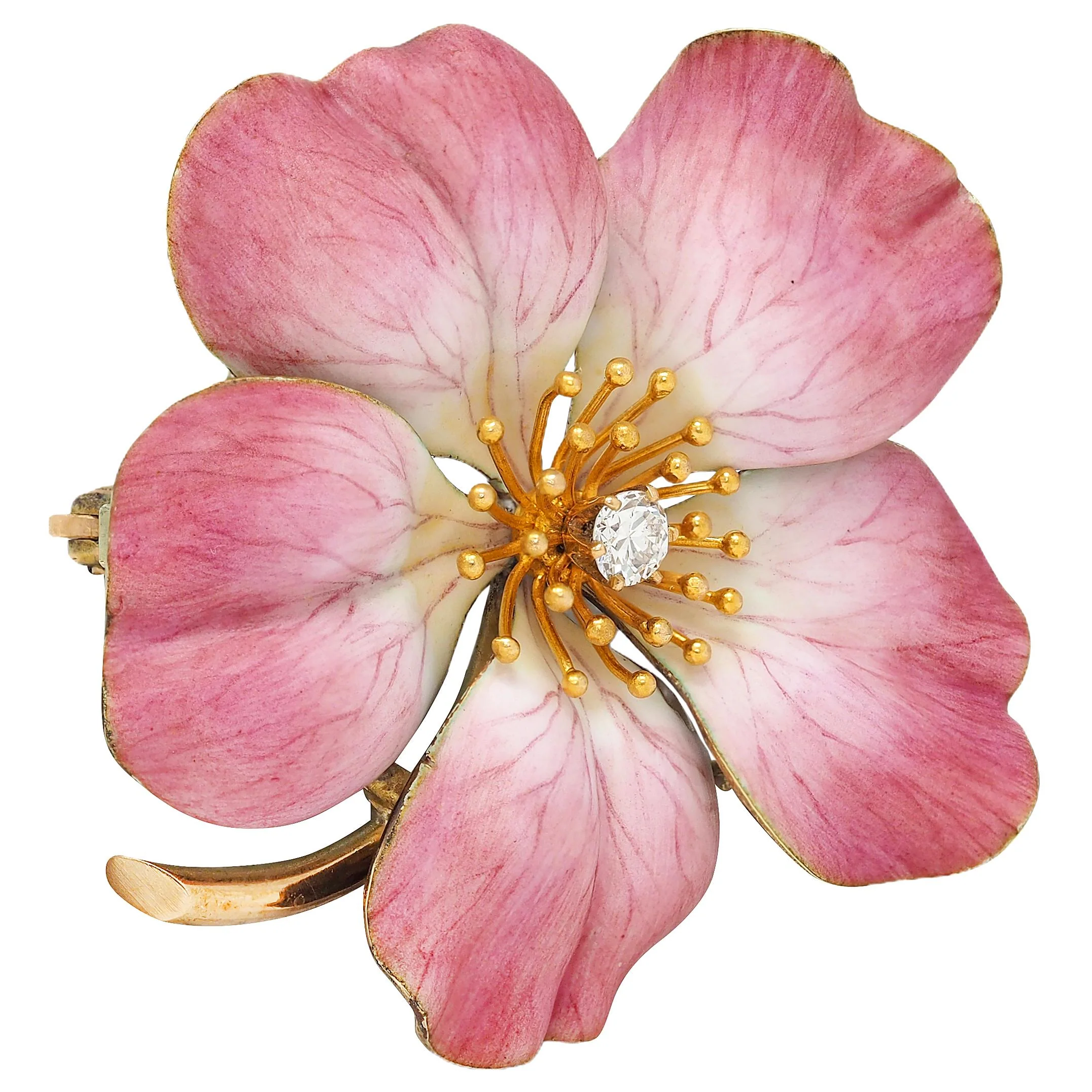 Art Nouveau Painted Enamel Diamond 14 Karat Yellow Gold Antique Flower Pendant Brooch - Image 4
