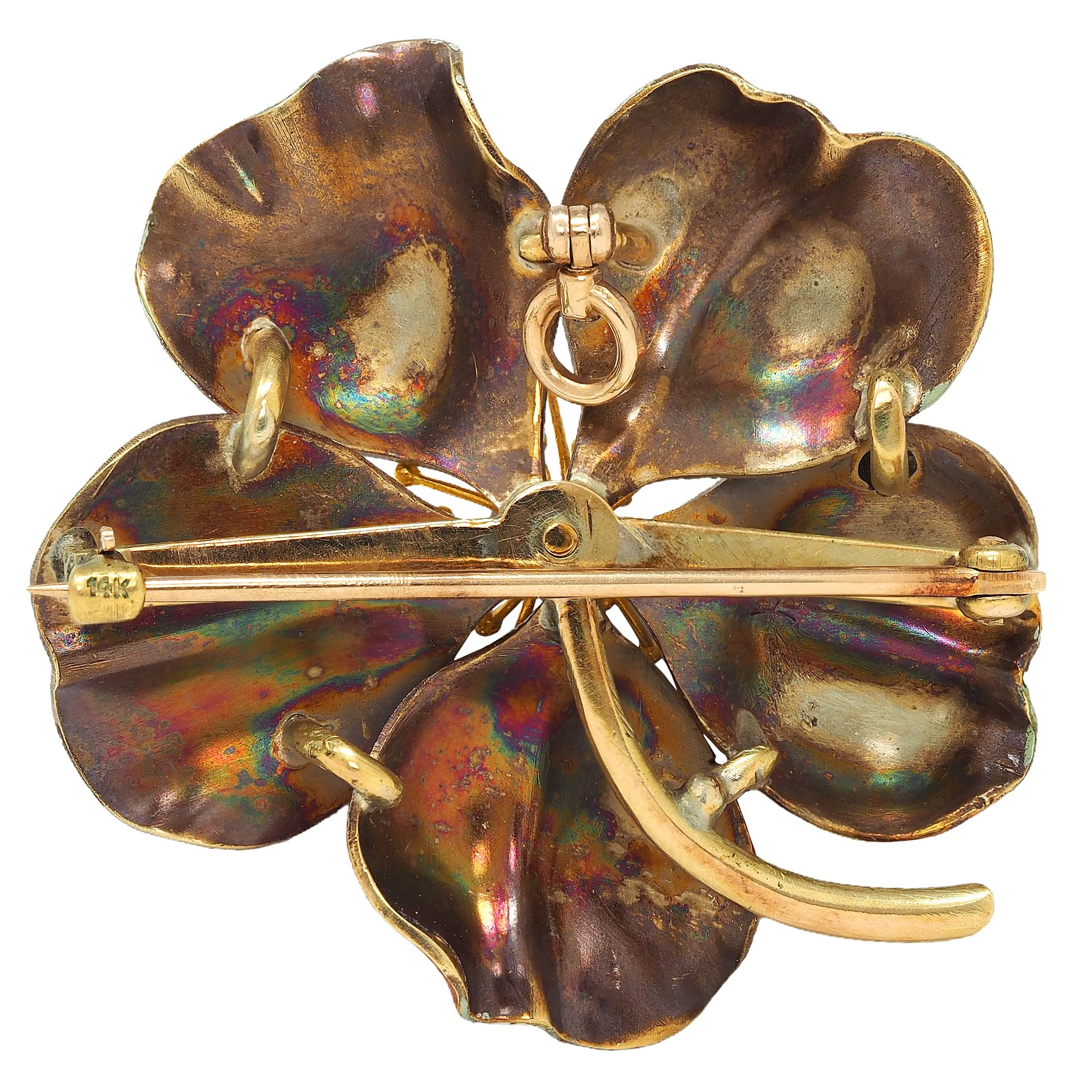 Art Nouveau Painted Enamel Diamond 14 Karat Yellow Gold Antique Flower Pendant Brooch - Image 5
