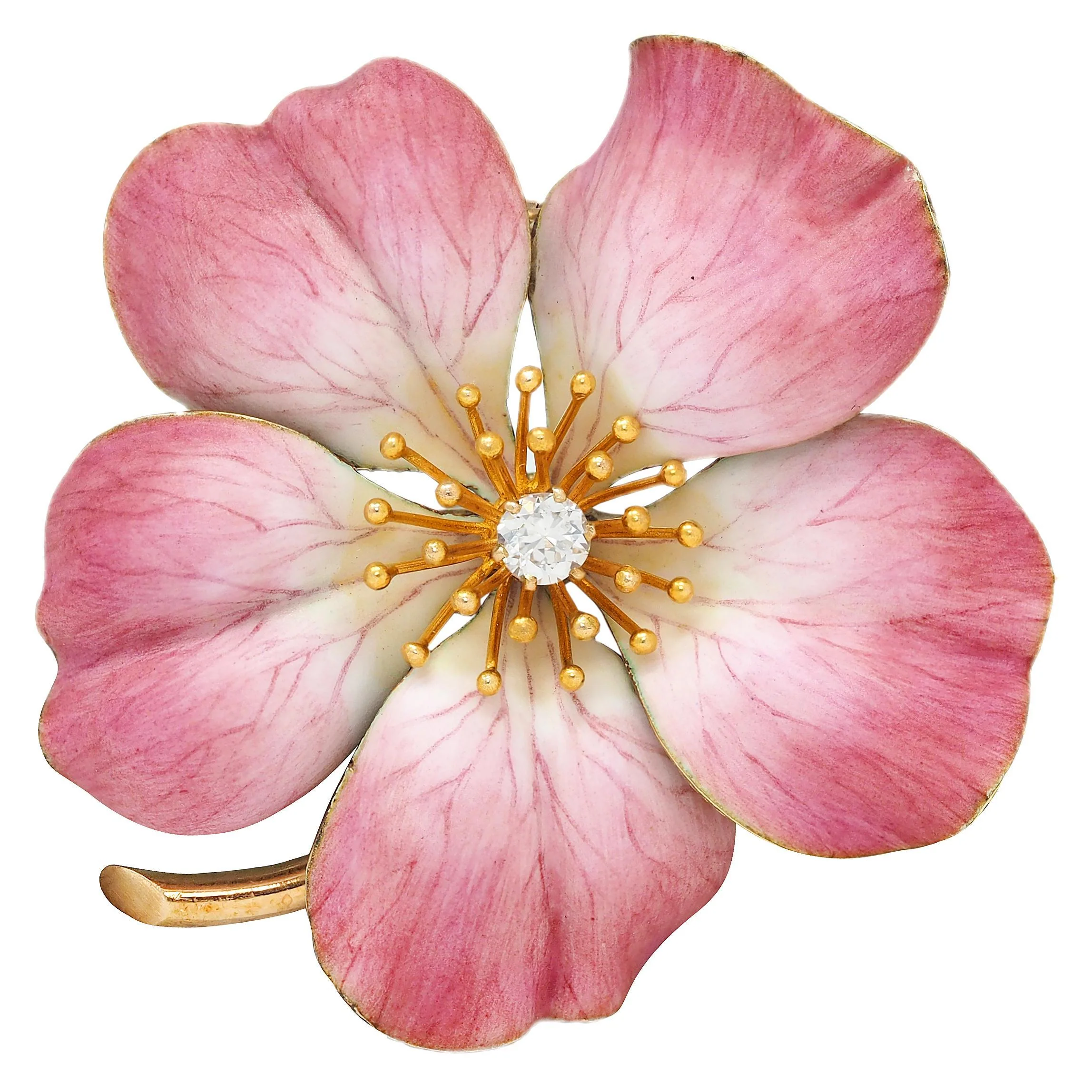 Art Nouveau Painted Enamel Diamond 14 Karat Yellow Gold Antique Flower Pendant Brooch - Image 7