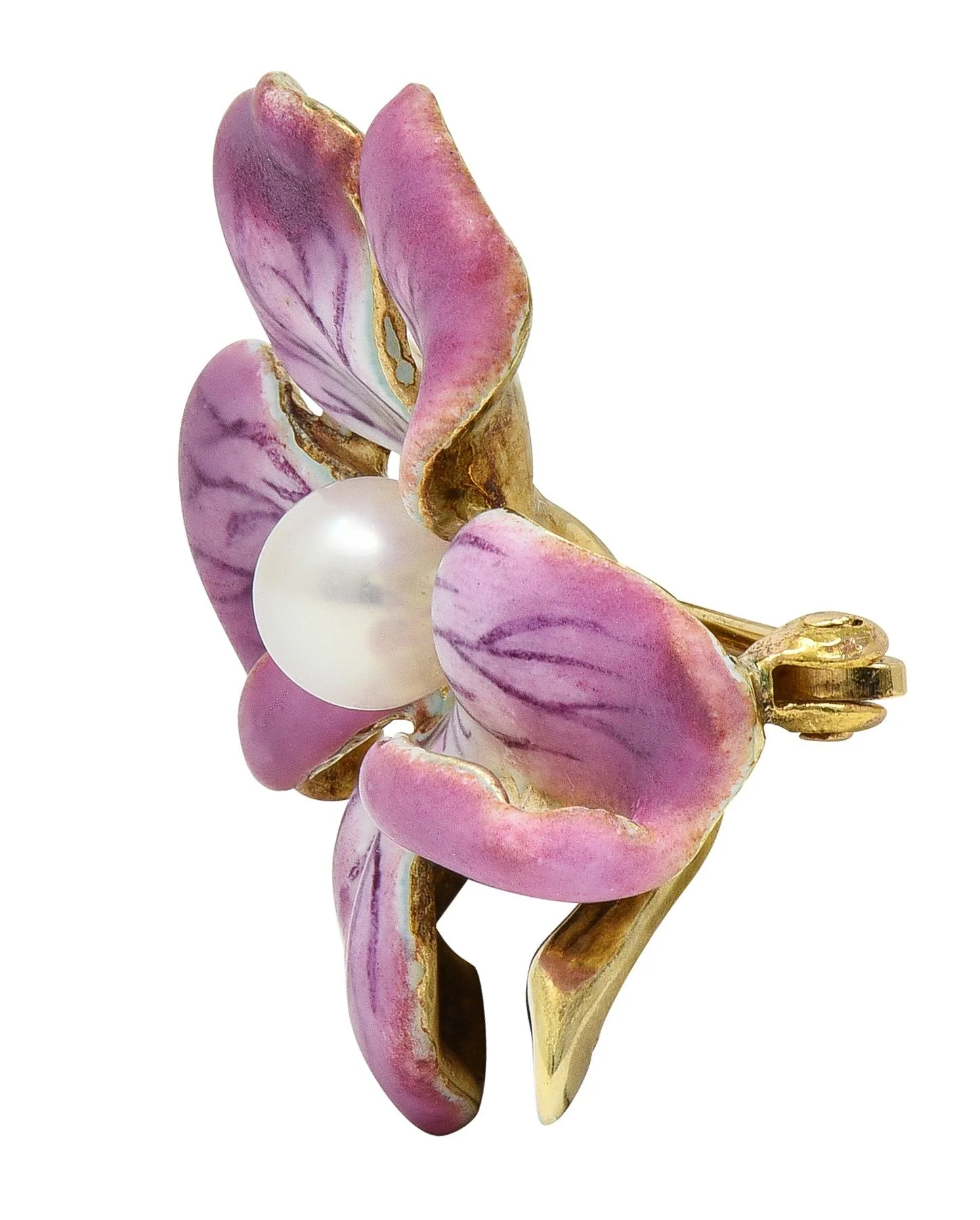 Art Nouveau Painted Enamel Pearl 14 Karat Yellow Gold Antique Flower Brooch - Image 3