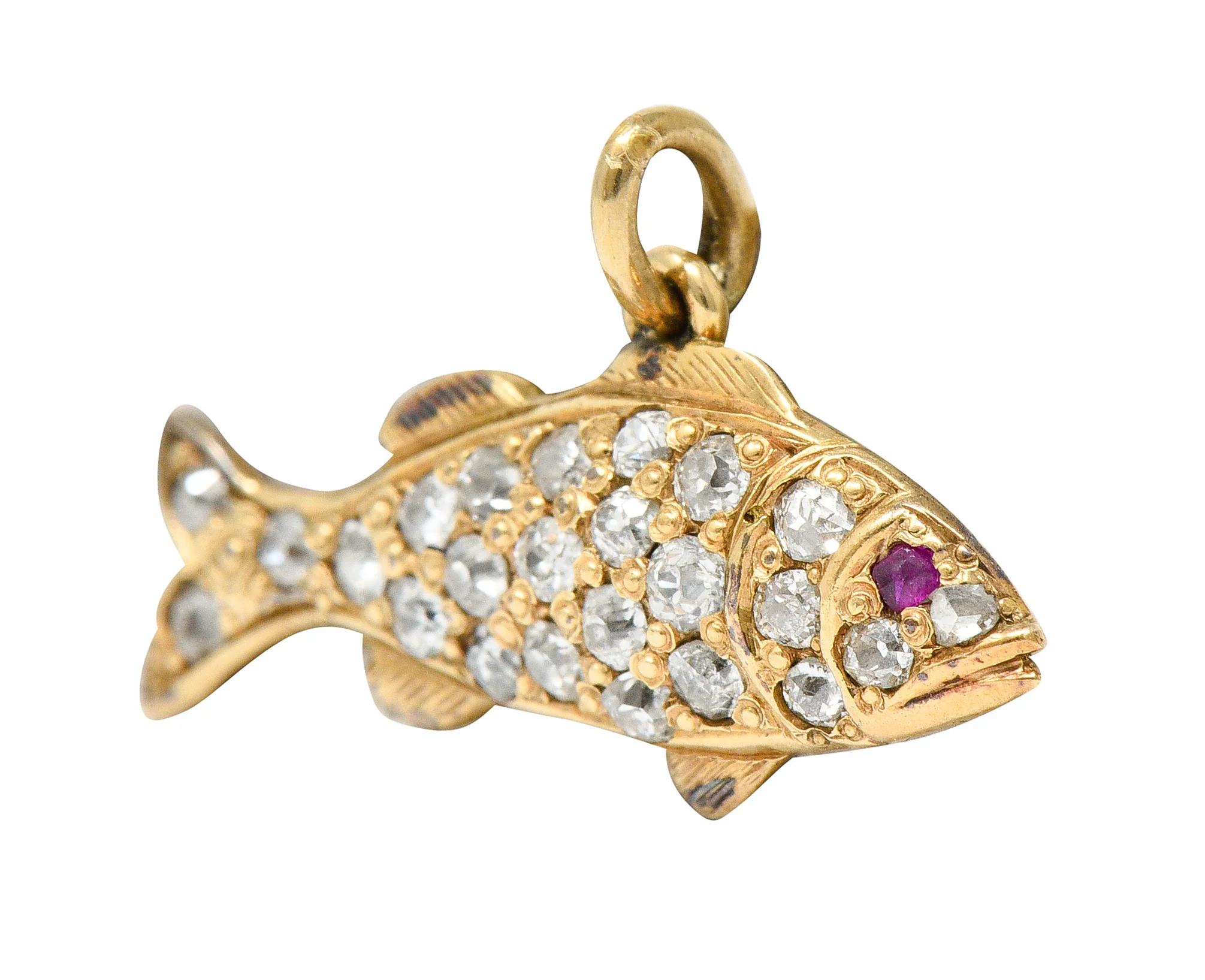 Art Nouveau Pave Diamond Ruby 14 Karat Gold Fish Charm - Image 4