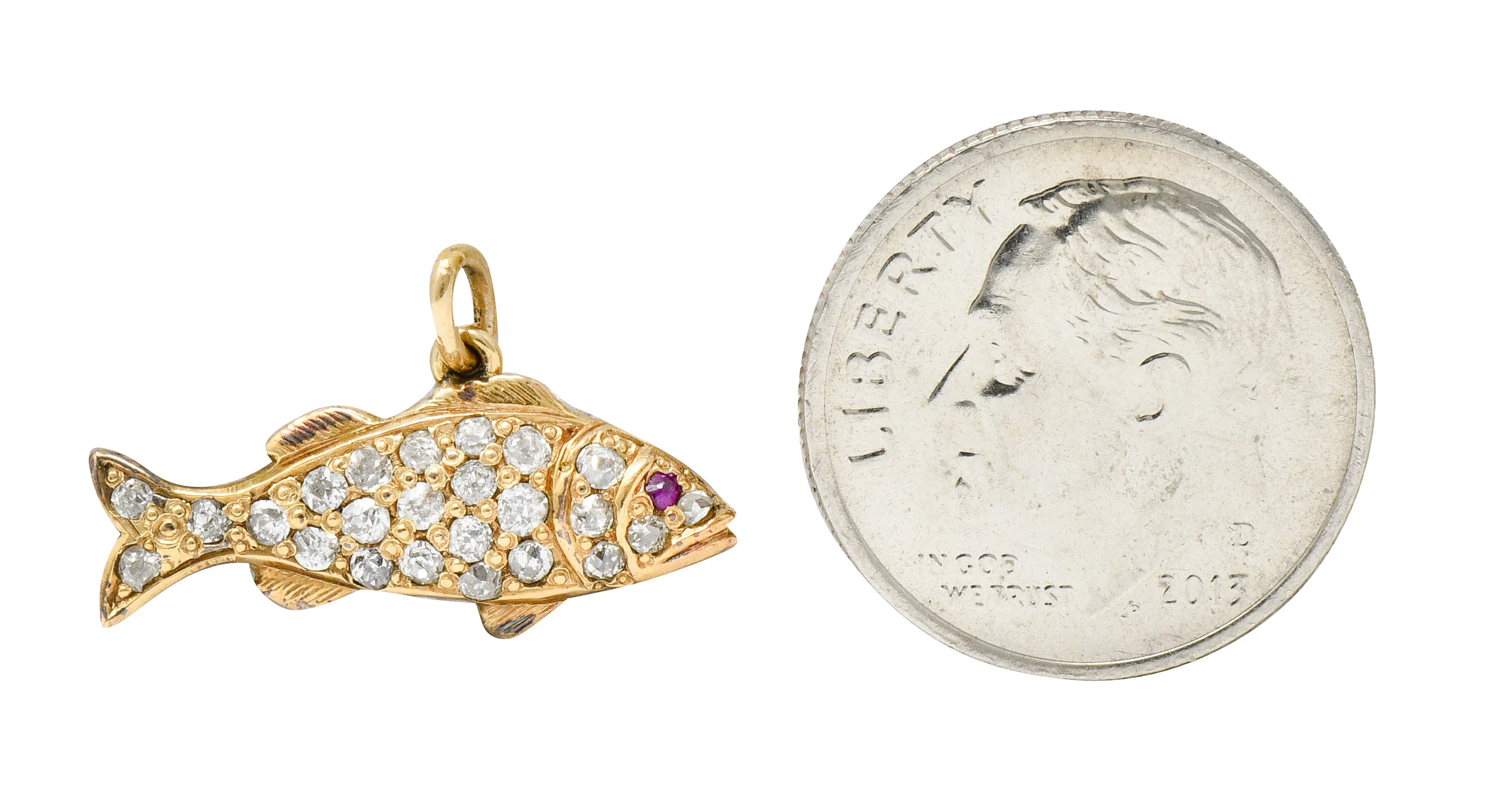 Art Nouveau Pave Diamond Ruby 14 Karat Gold Fish Charm - Image 5