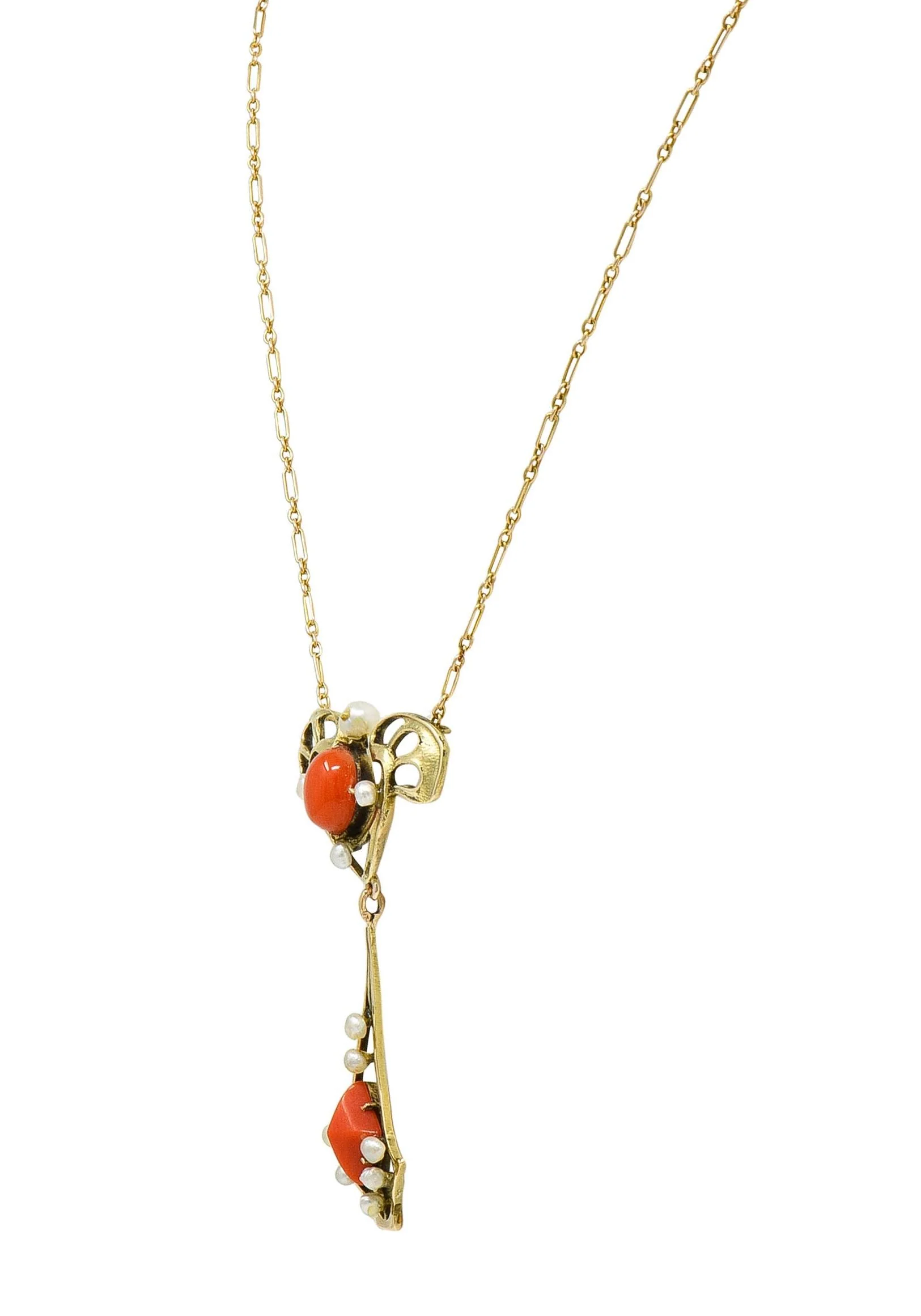 Art Nouveau Pearl Coral 14 Karat Yellow Gold Whiplash Antique Station Drop Necklace - Image 4
