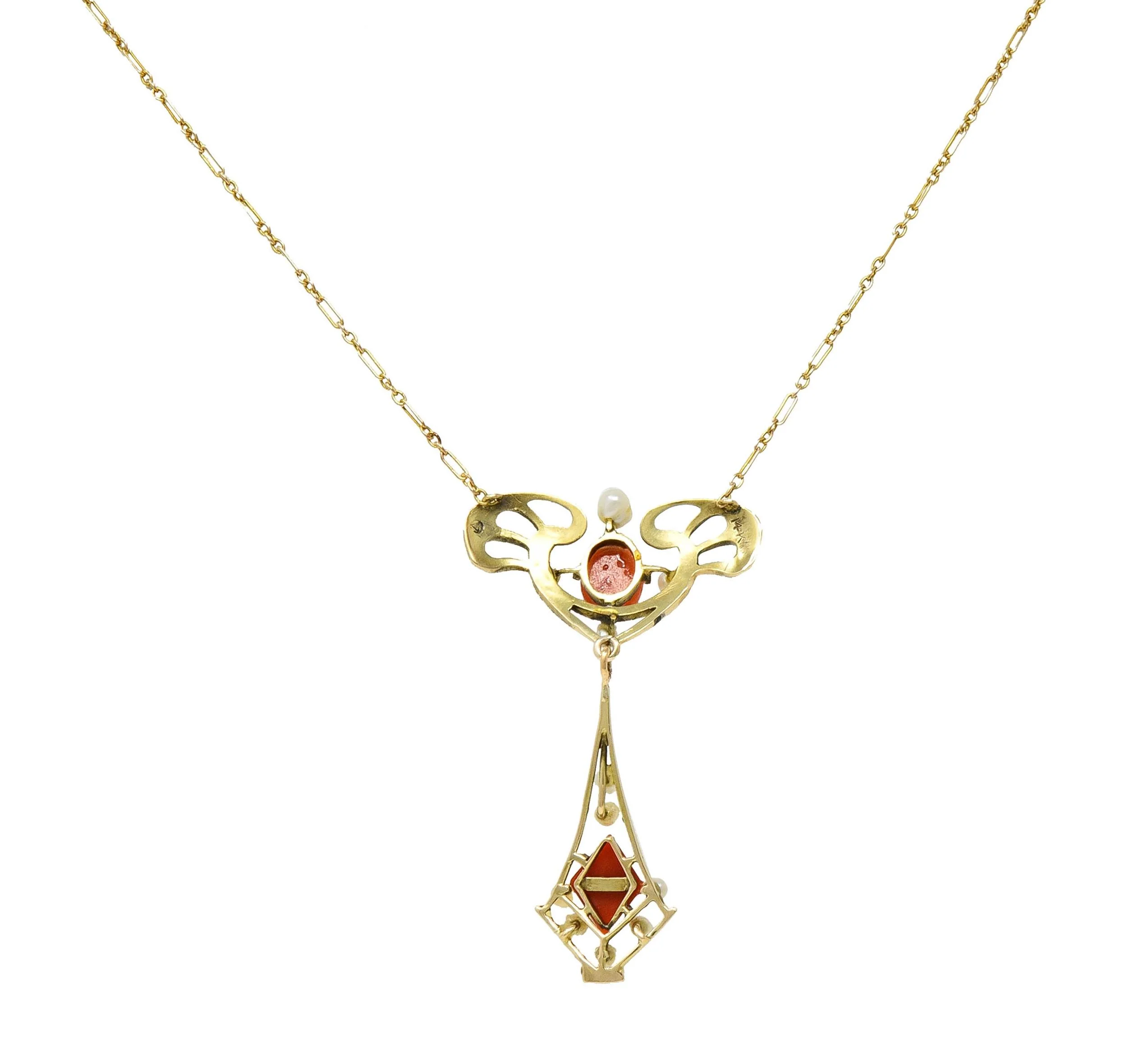 Art Nouveau Pearl Coral 14 Karat Yellow Gold Whiplash Antique Station Drop Necklace - Image 5