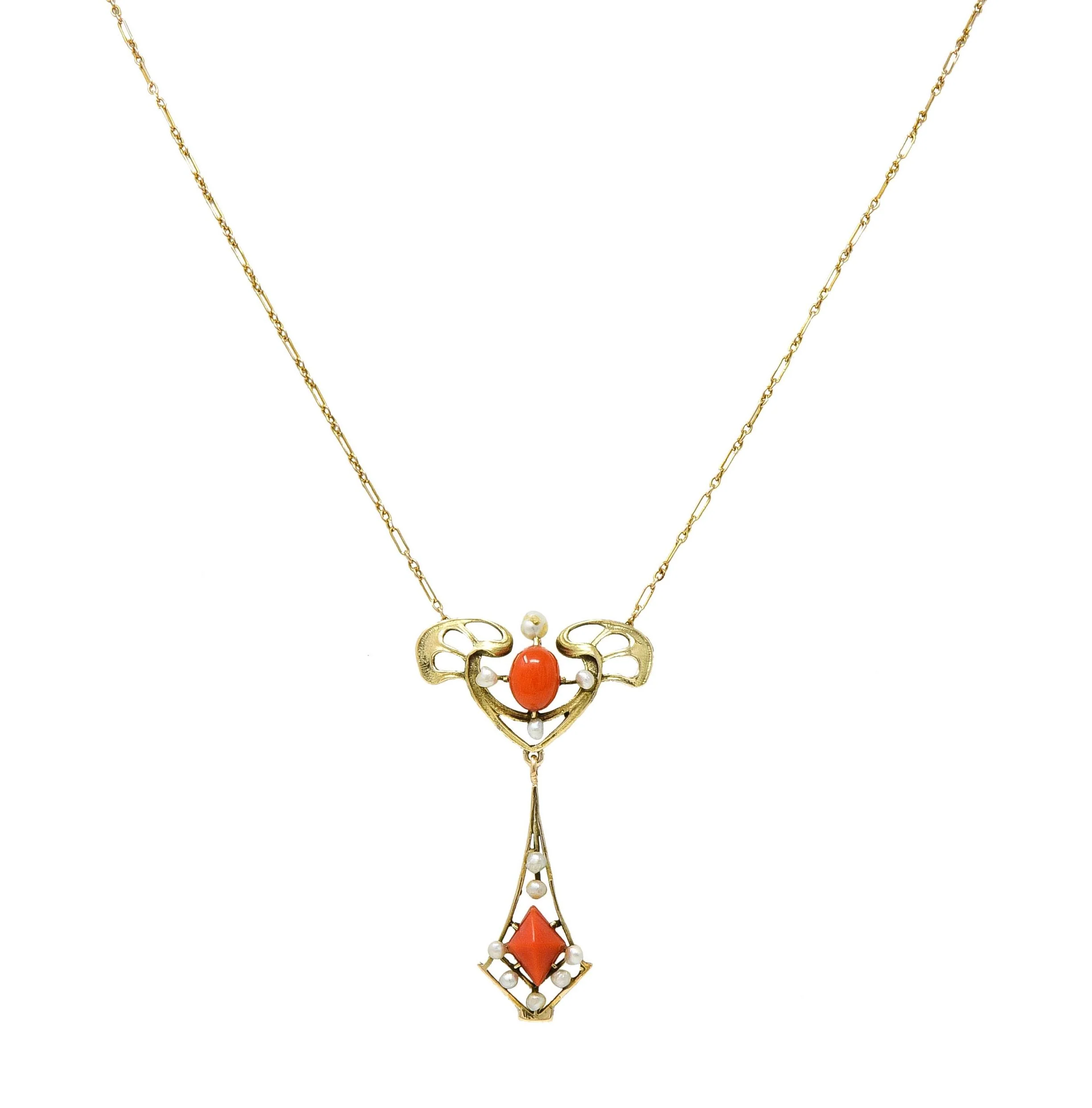 Art Nouveau Pearl Coral 14 Karat Yellow Gold Whiplash Antique Station Drop Necklace - Image 7