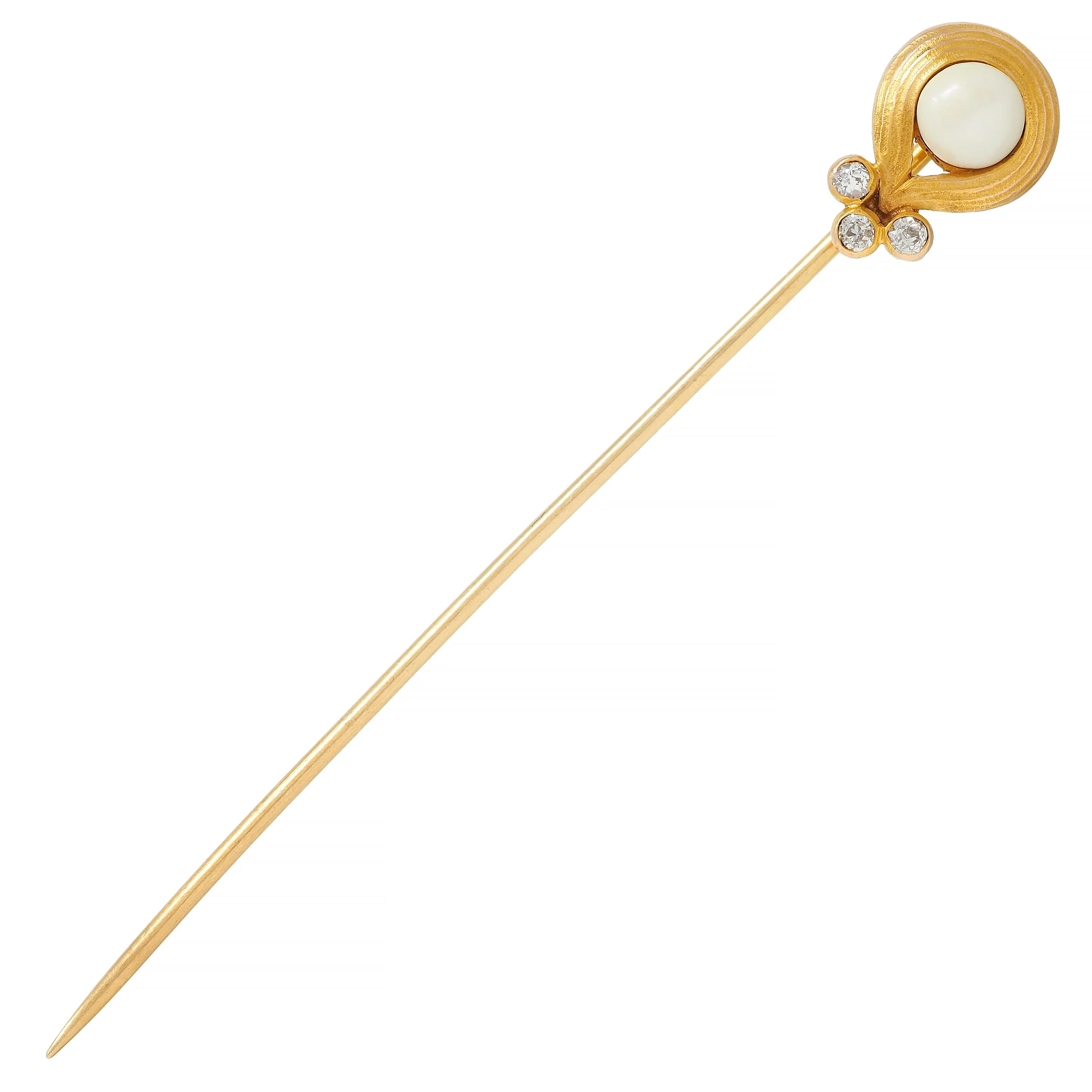 Art Nouveau Pearl Diamond 14 Karat Yellow Gold Antique Swirl Stickpin - Image 2