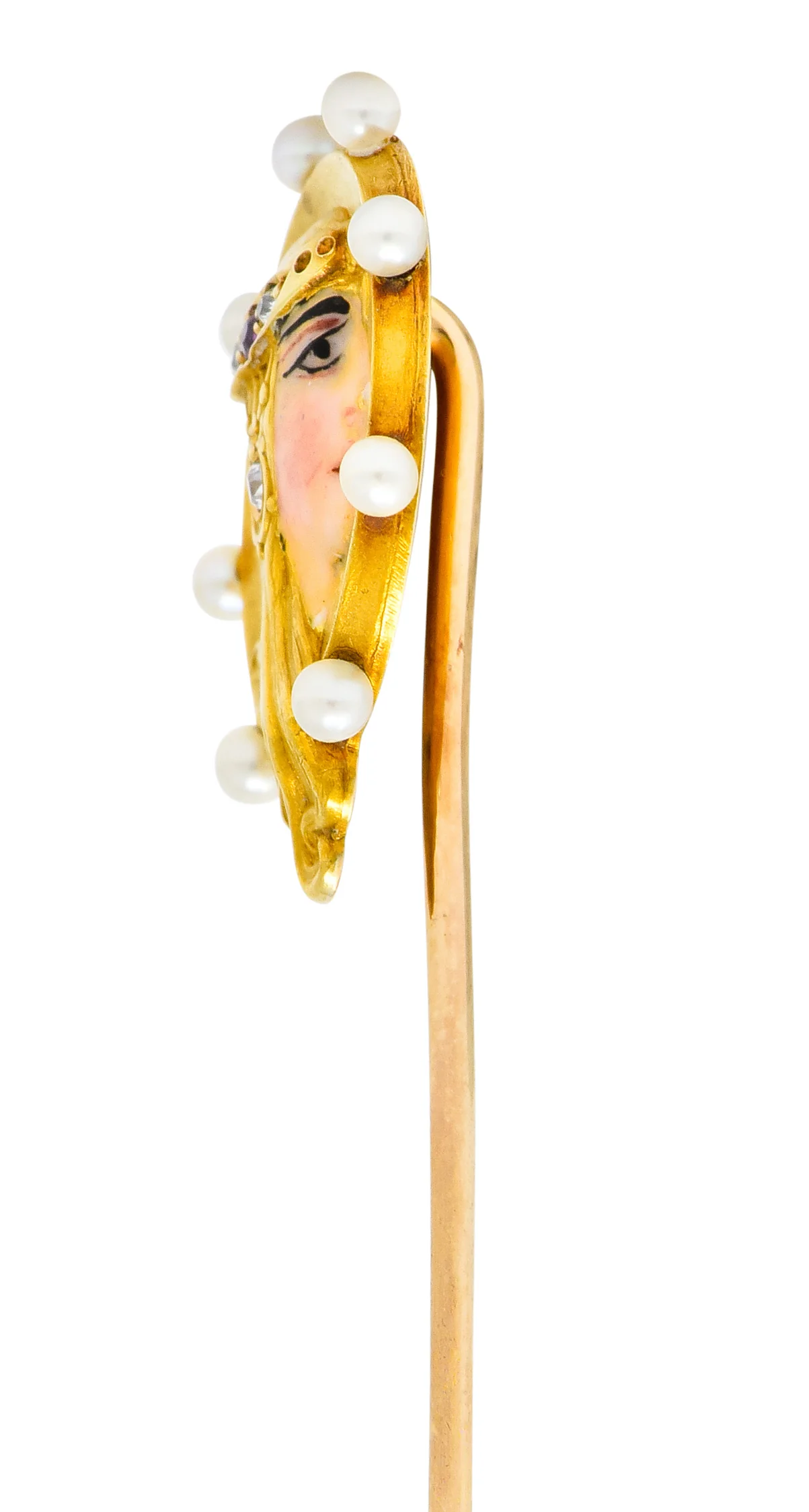 Art Nouveau Pearl Diamond Ruby Enamel 14 Karat Gold Egyptian Princess Stickpin - Image 4