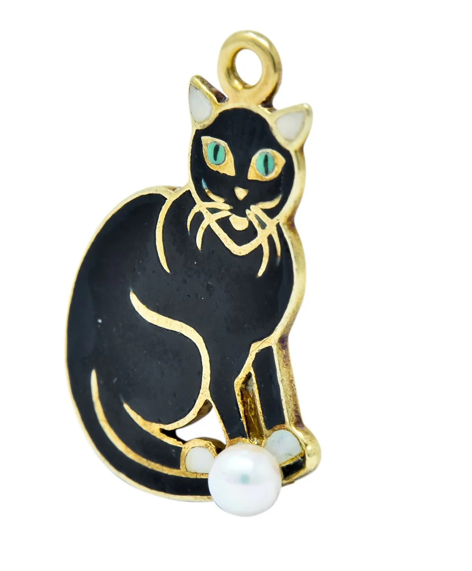 Art Nouveau Pearl Enamel 14 Karat Gold Cat Charm - Image 3