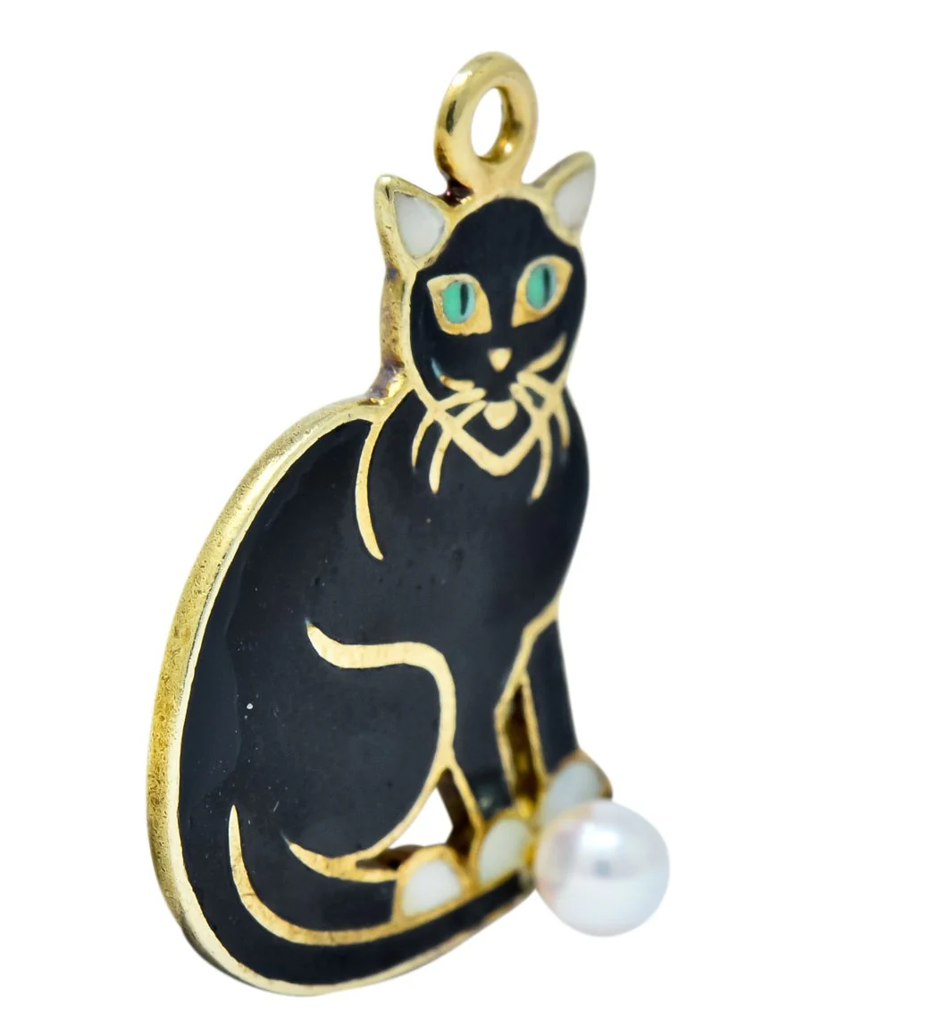 Art Nouveau Pearl Enamel 14 Karat Gold Cat Charm - Image 4